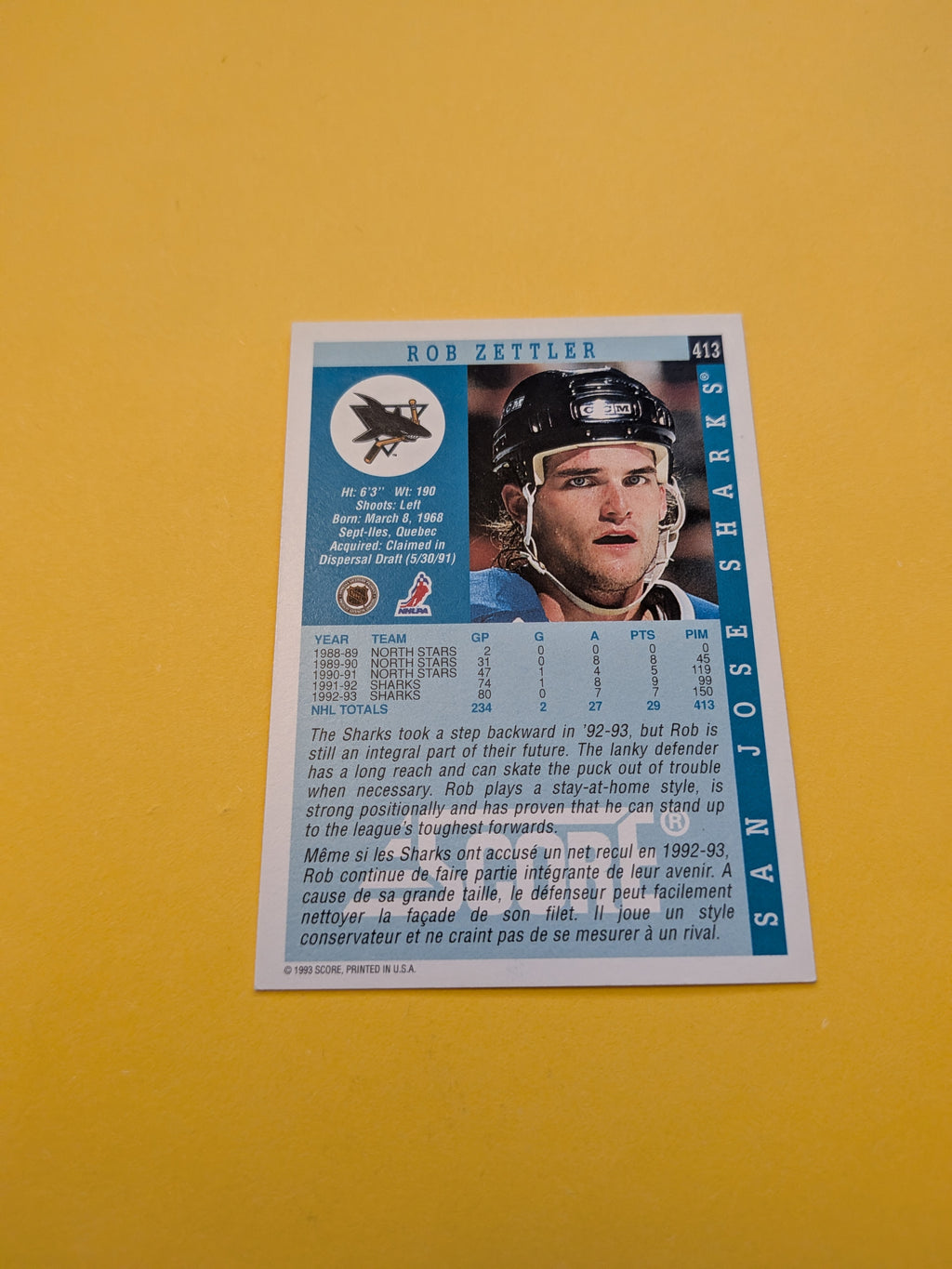 Rob Zettler Signed San Jose Sharks Card A