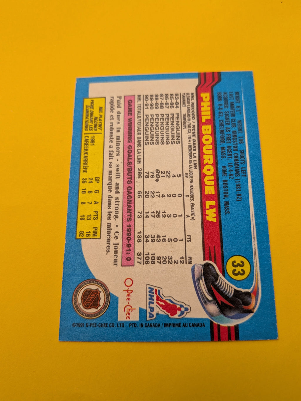 Phil Bourque Signed Pittsburgh Penguins Card E
