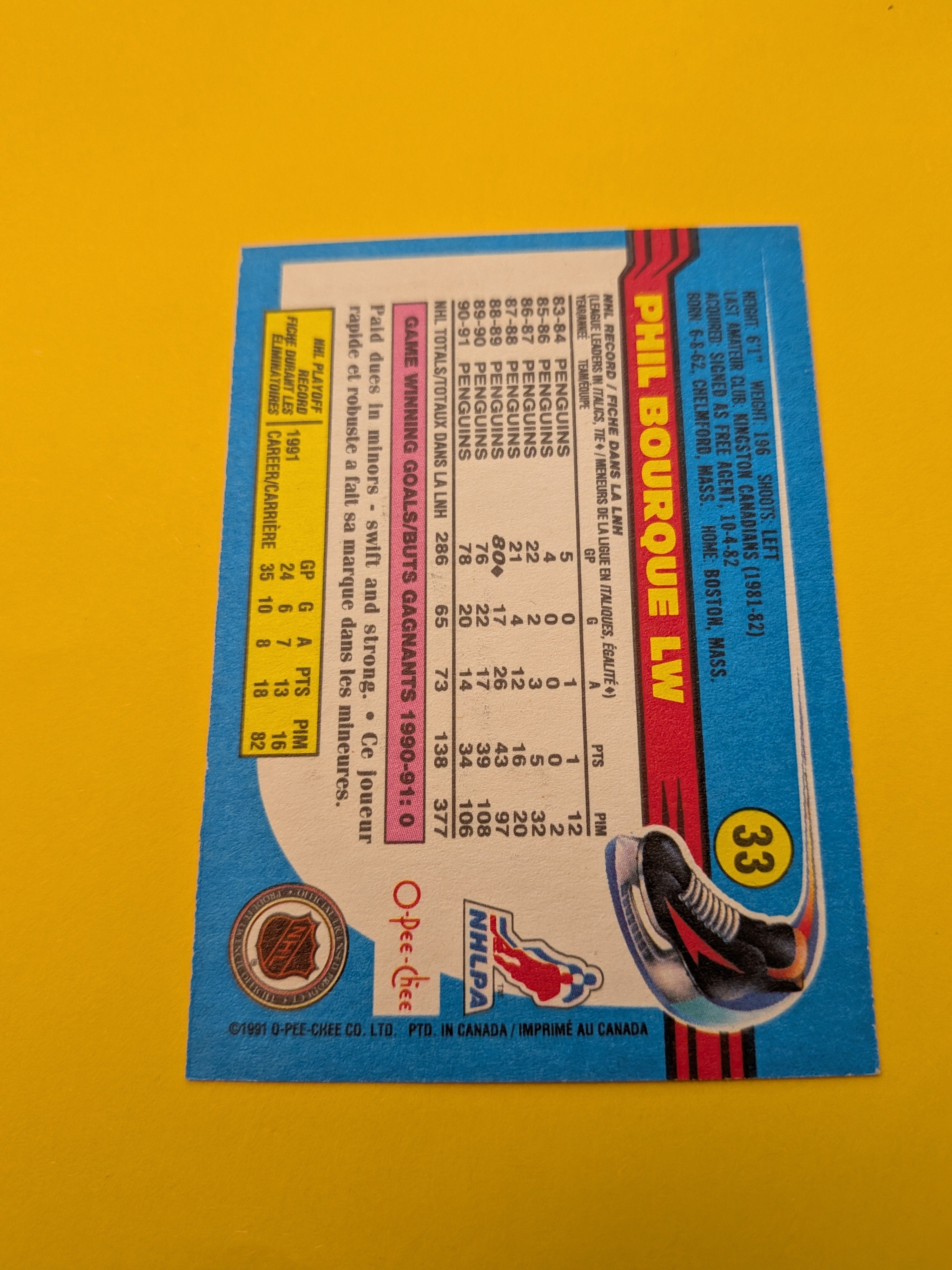 Phil Bourque Signed Pittsburgh Penguins Card E