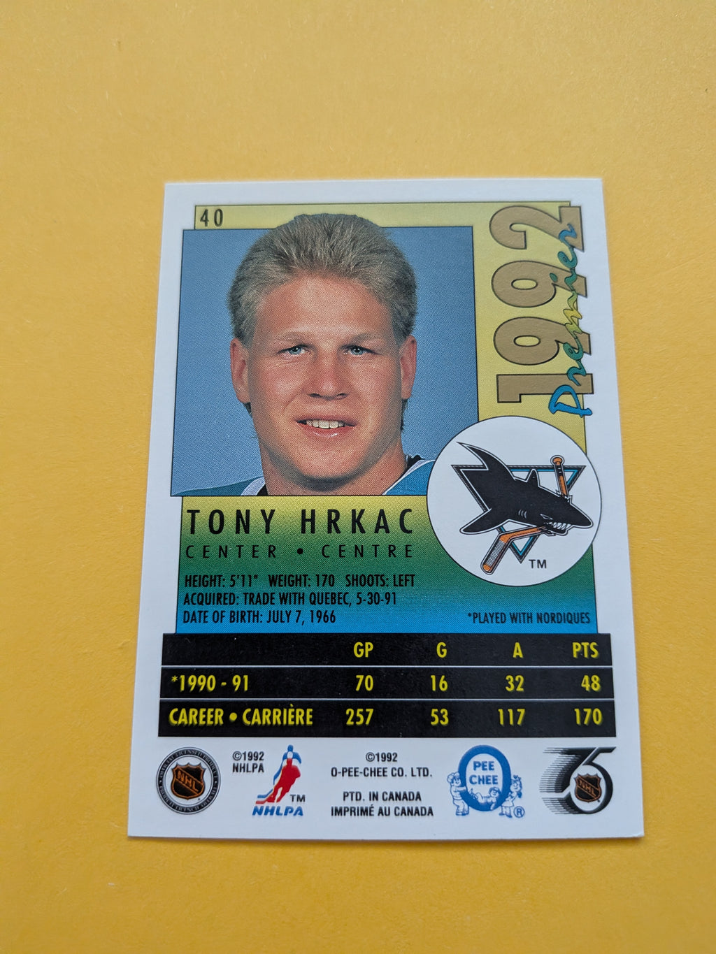 Tony Hrkac Signed San Jose Sharks Card A