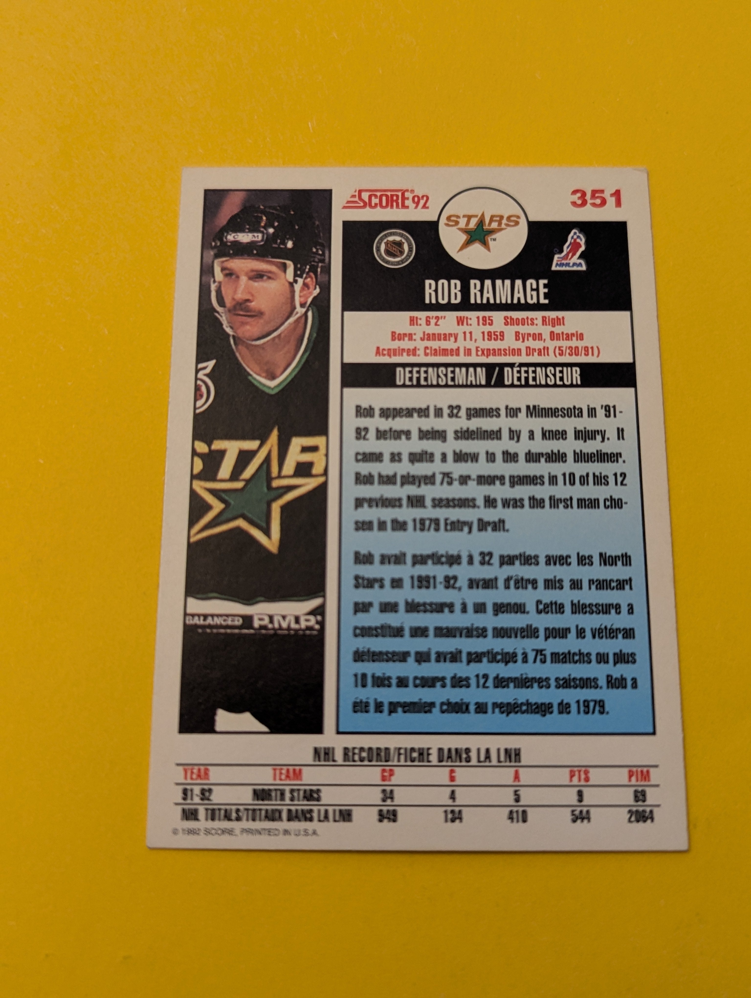 Rob Ramage Signed Minnesota North Stars Card