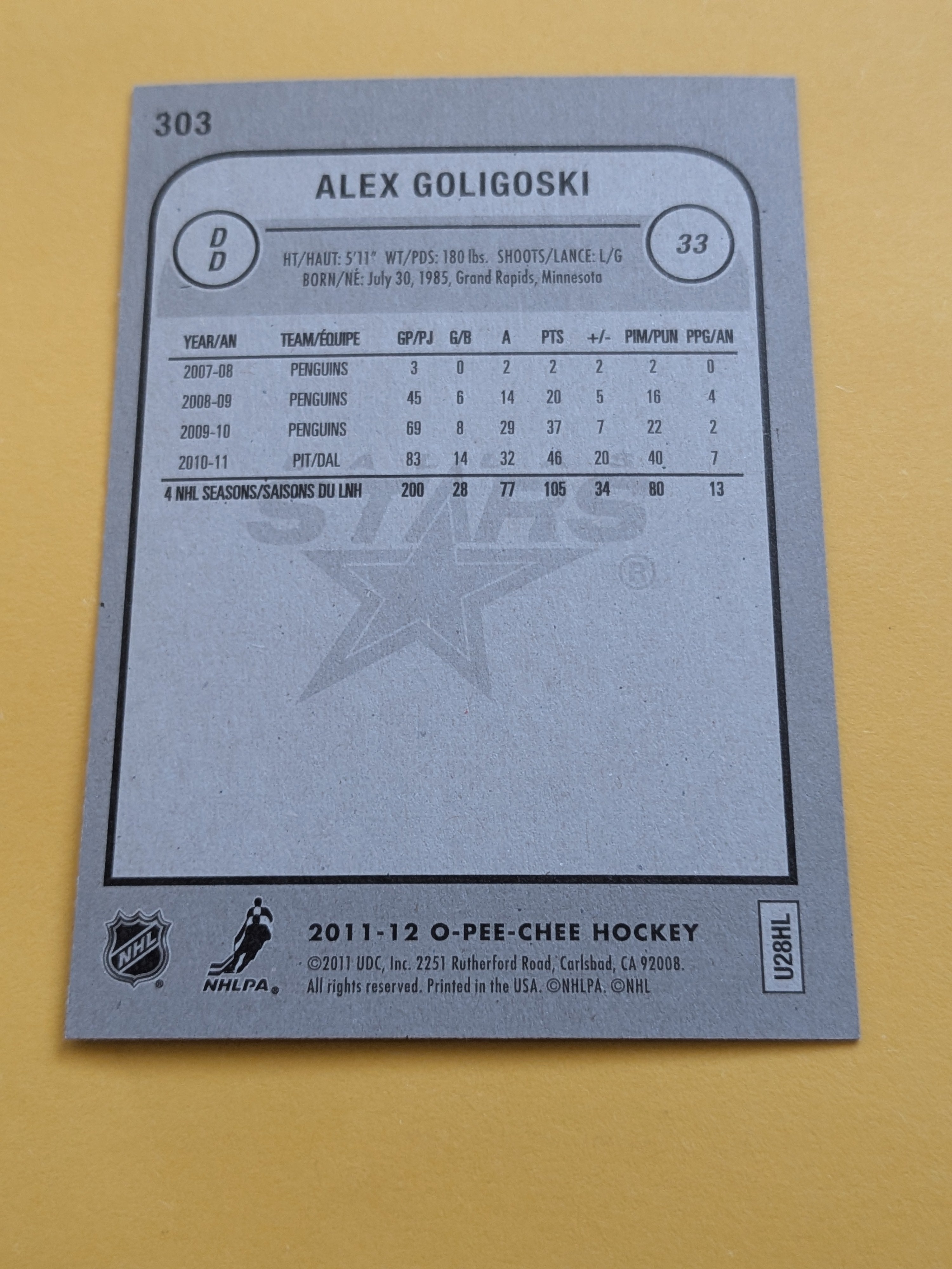 Alex Goligoski Signed Dallas Stars Card B