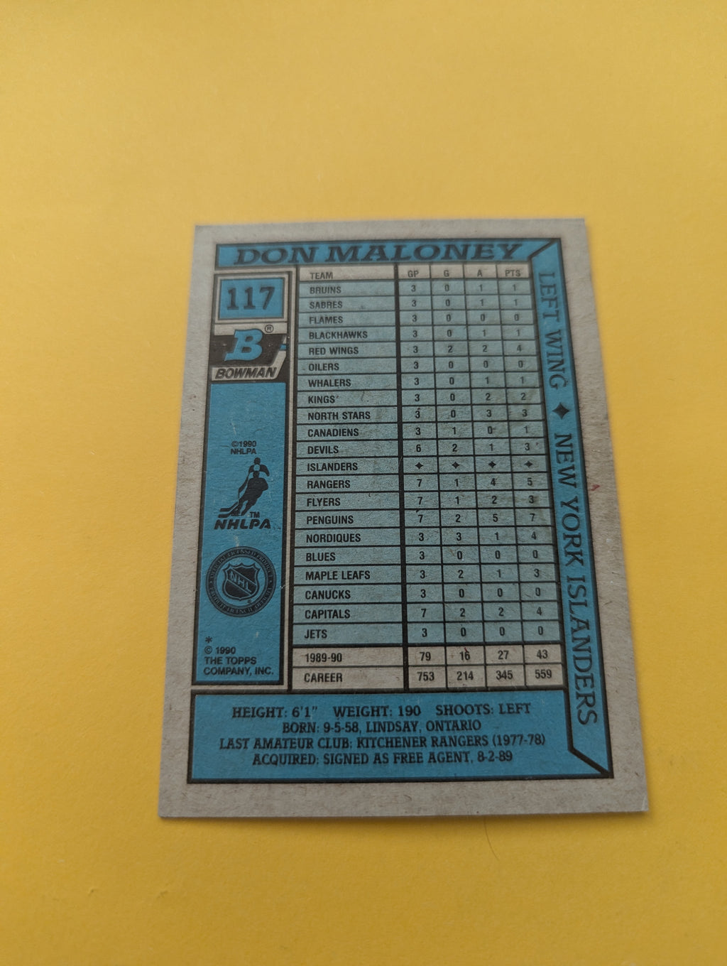 Don Maloney Signed New York Islanders Card