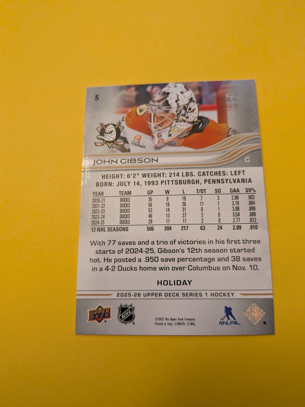 John Gibson 25-26 Upper Deck Green Holiday Card