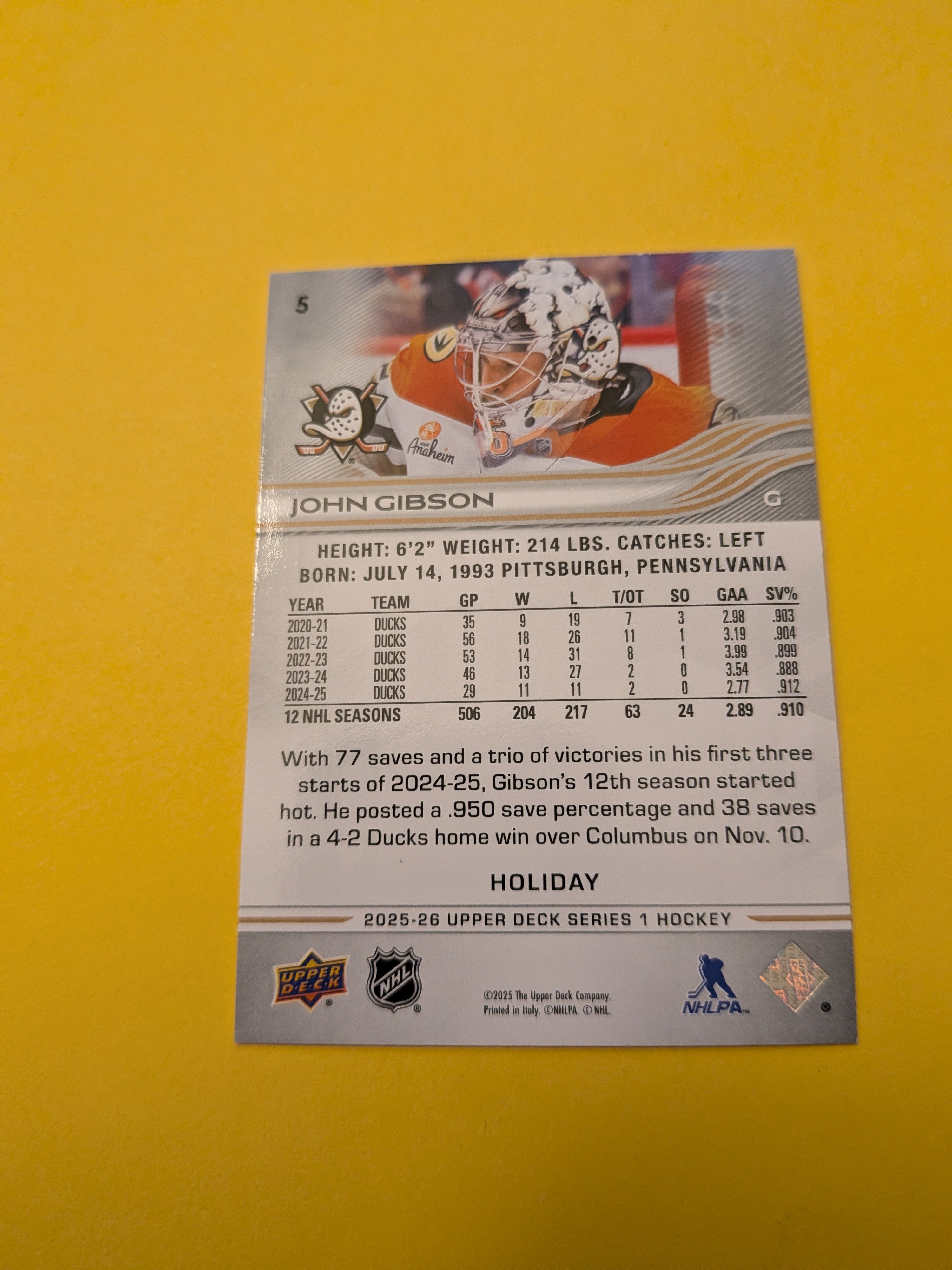 John Gibson 25-26 Upper Deck Green Holiday Card