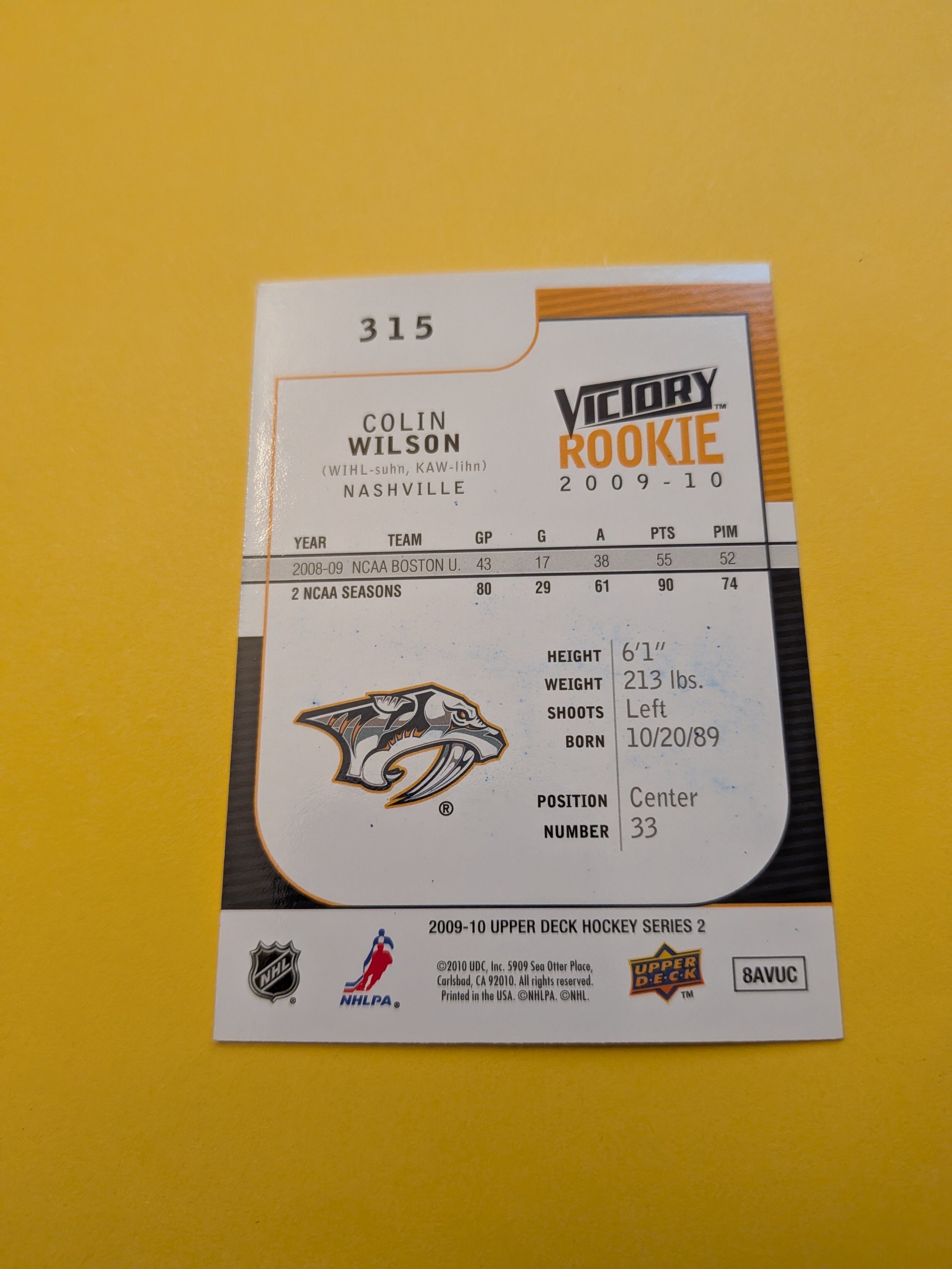 Colin Wilson Signed Nashville Predators Rookie Card A