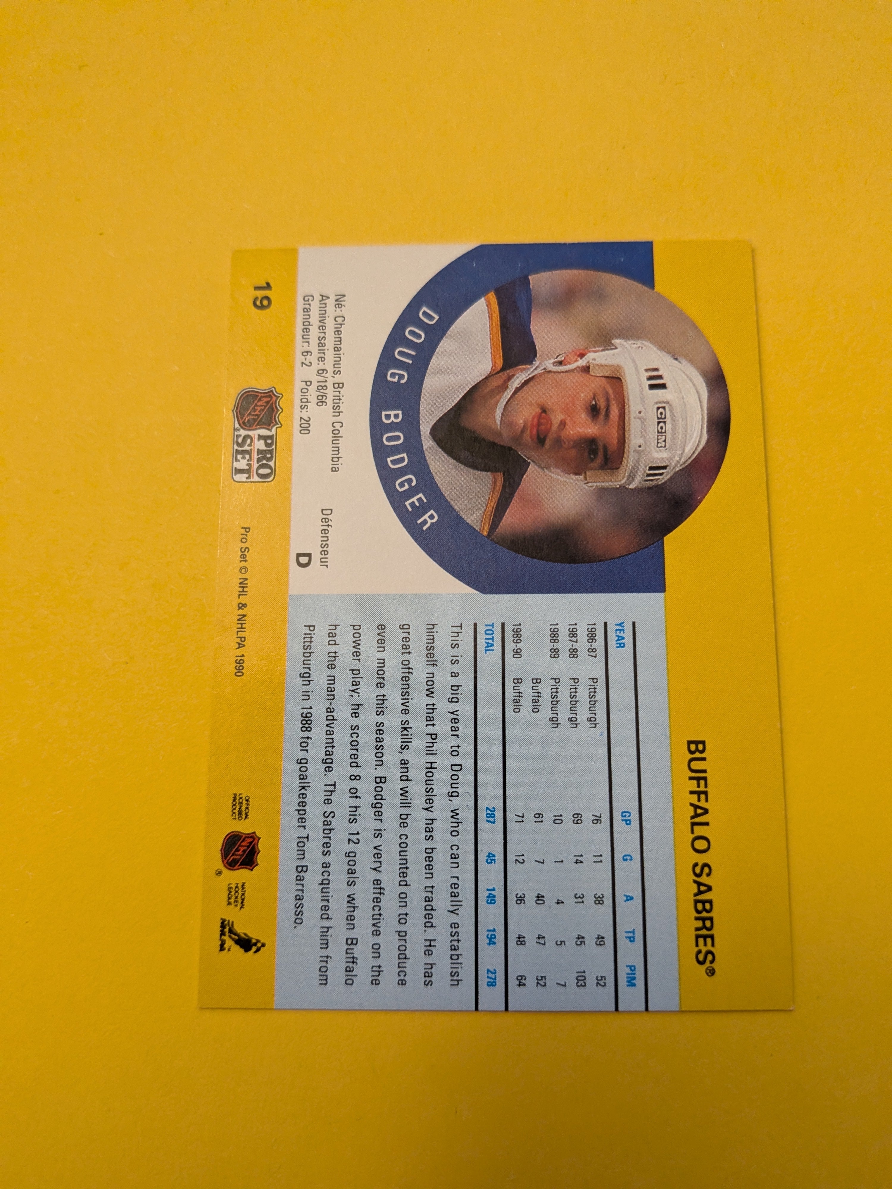 Doug Bodger Signed Buffalo Sabres Card B