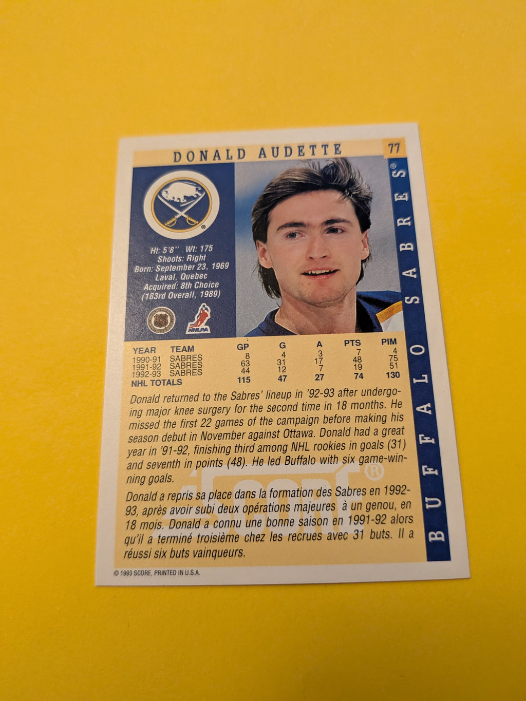 Donald Audette Signed Buffalo Sabres Card K