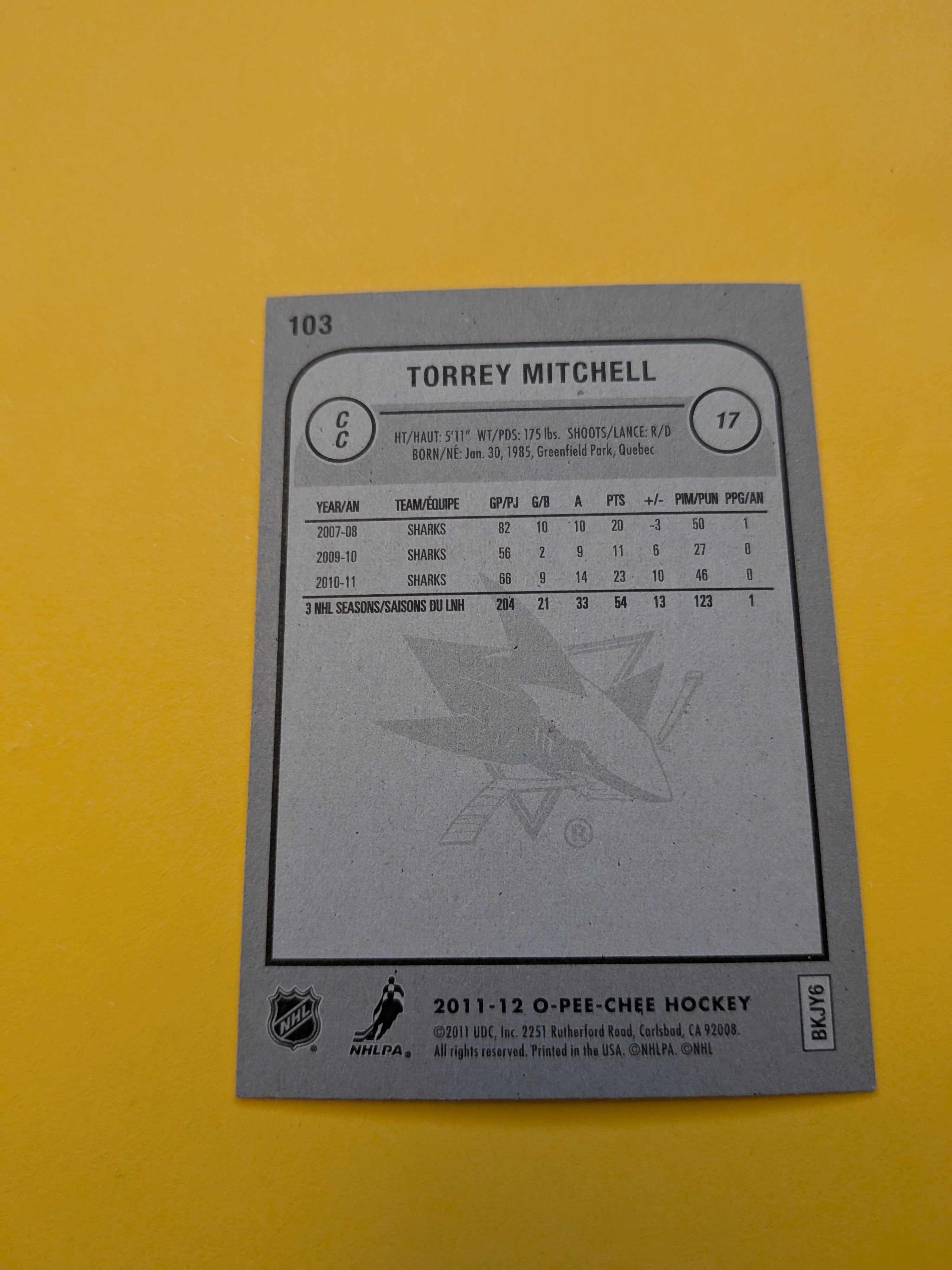 Torrey Mitchell Signed San Jose Sharks Card G