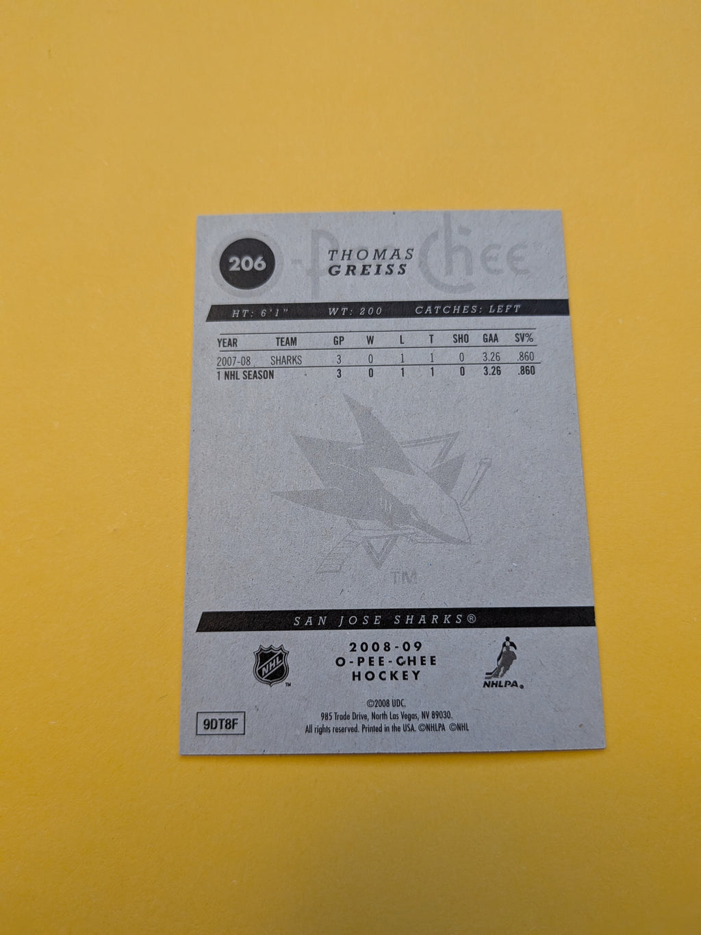 Thomas Greiss Signed San Jose Sharks Card A