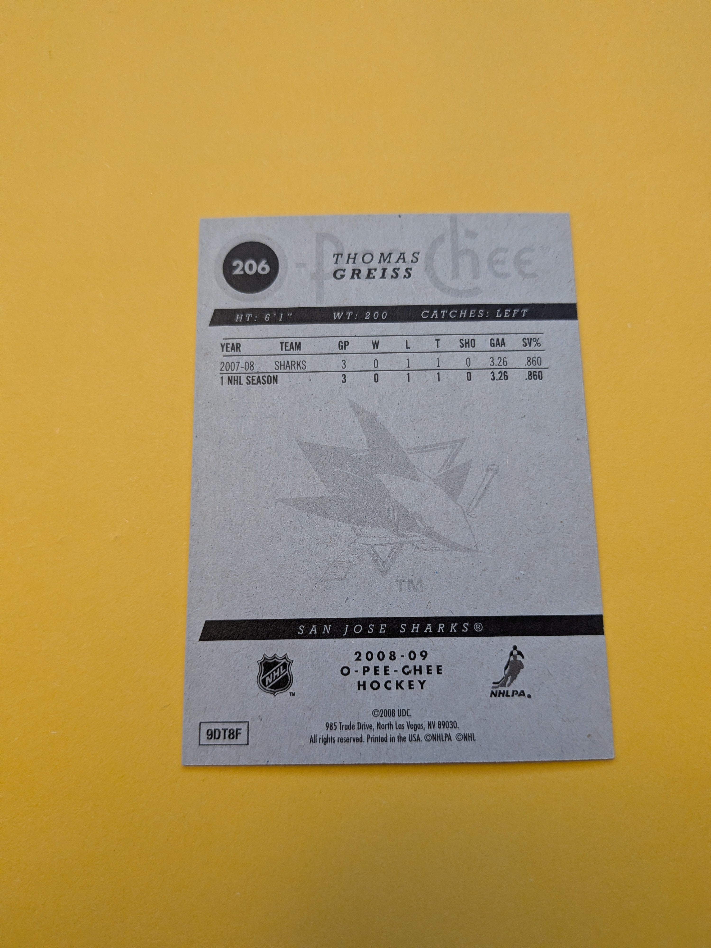 Thomas Greiss Signed San Jose Sharks Card A