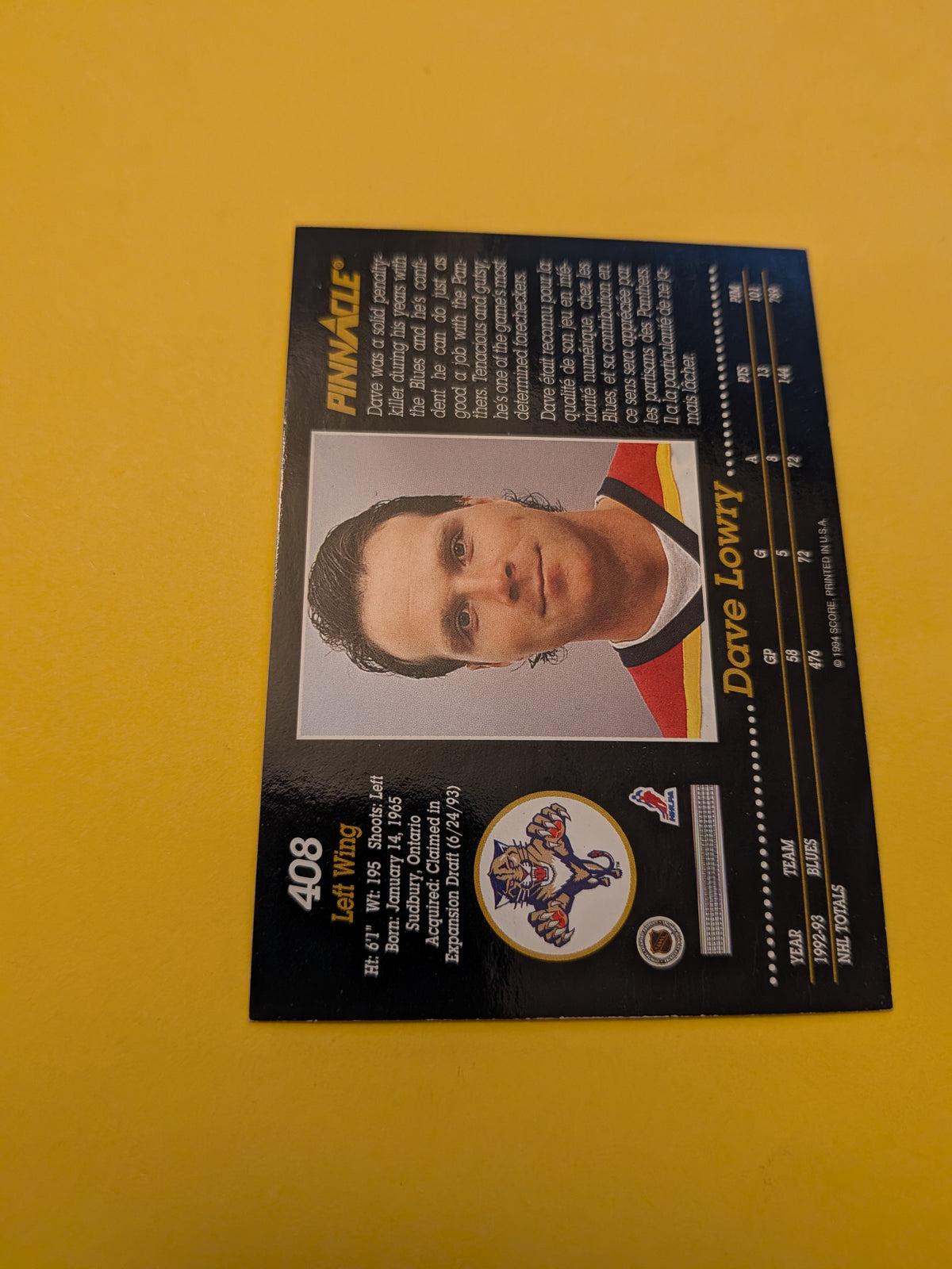 Dave Lowry Signed Florida Panthers Card A
