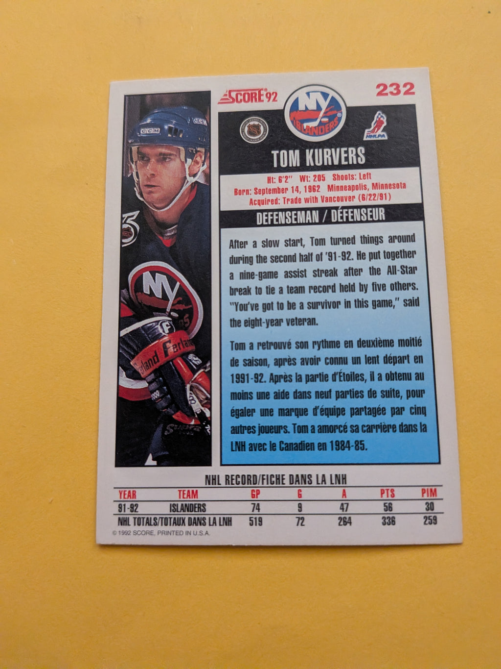 Tom Kurvers Signed New York Islanders Card A