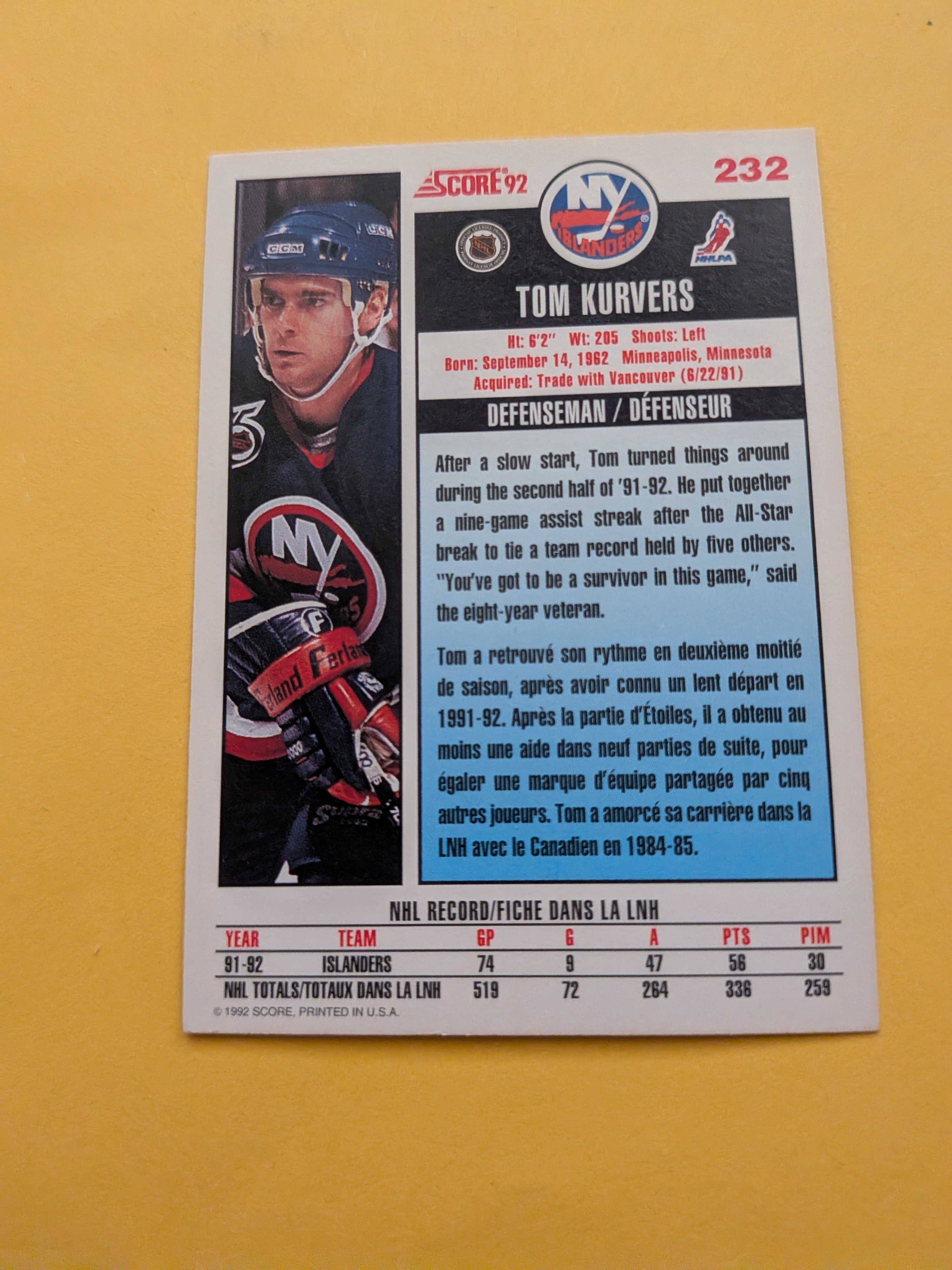 Tom Kurvers Signed New York Islanders Card A