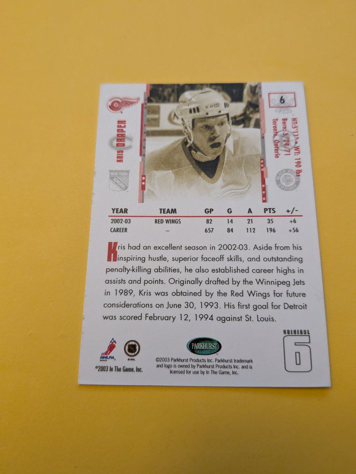 Kris Draper Signed Detroit Red Wings Card B