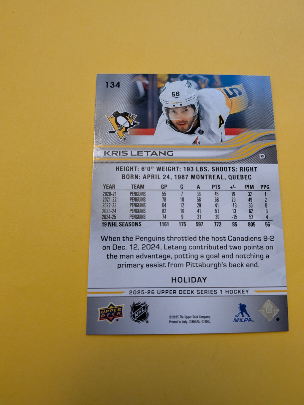 Kris Letang 25-26 Upper Deck Green Holiday Card