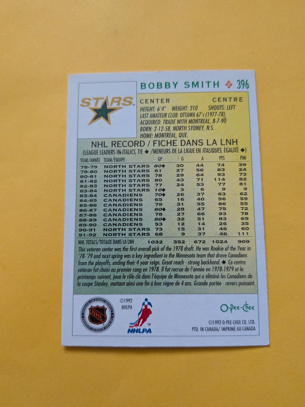 Bobby Smith Signed Minnesota North Stars Card E