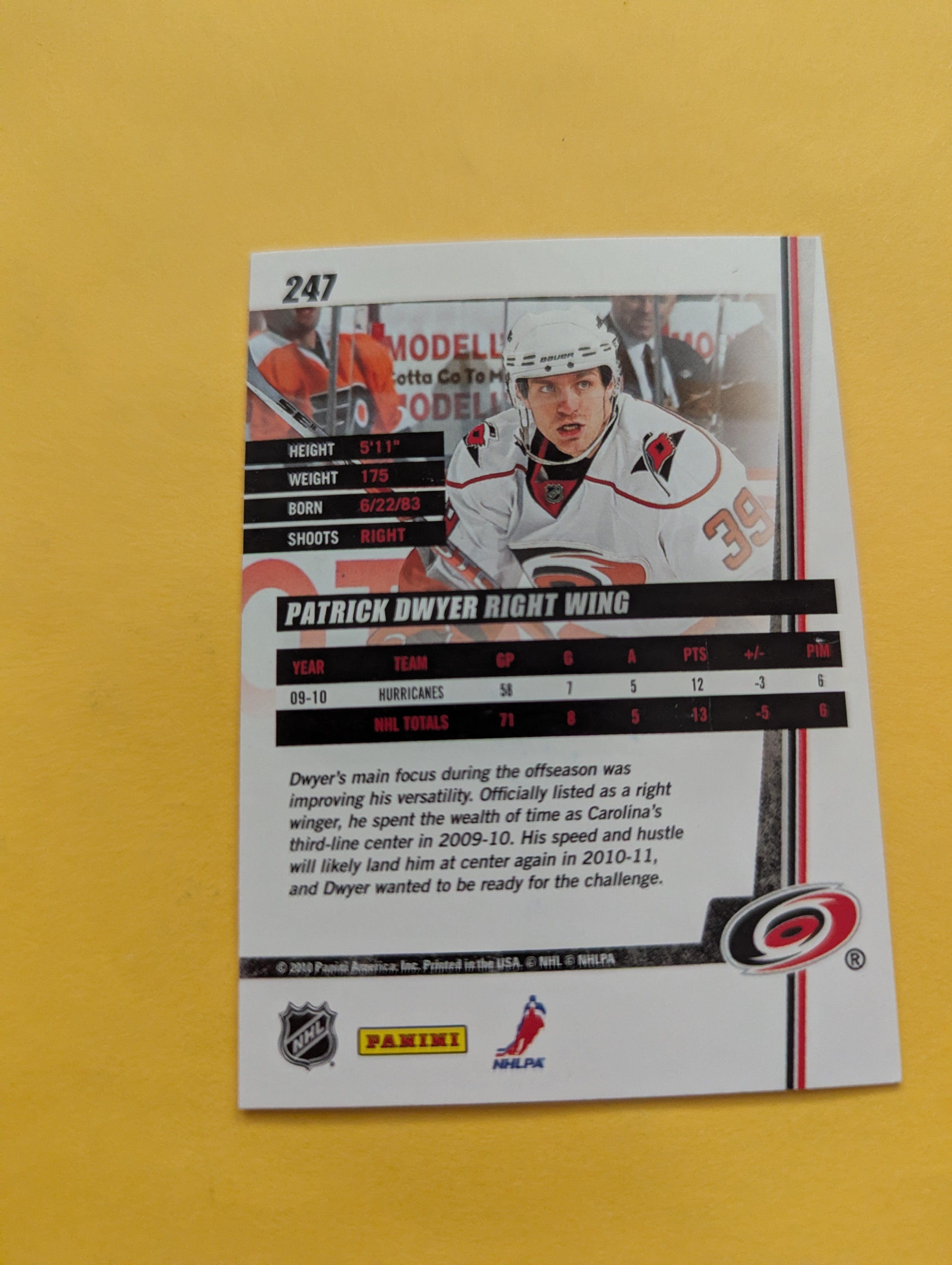 Patrick Dwyer Signed Carolina Hurricanes Card A
