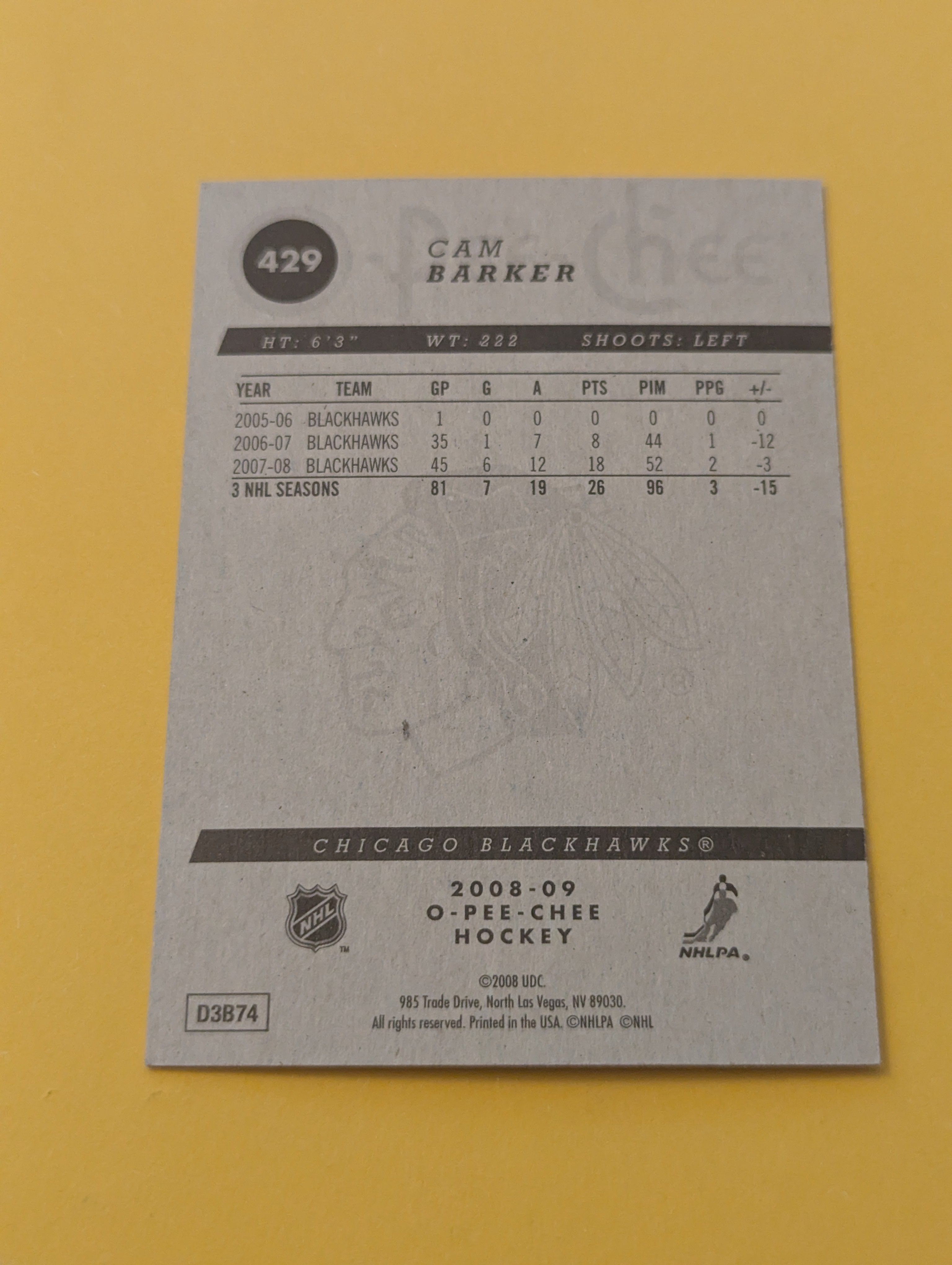 Cam Barker Signed Chicago Blackhawks Card