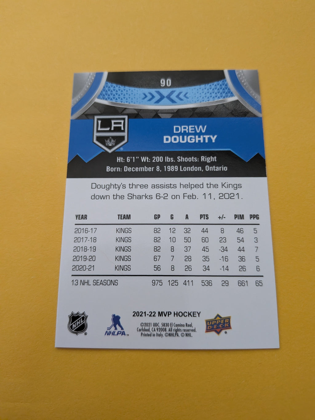 Drew Doughty 21-22 UD MVP Blue Factory Set Parallel Card