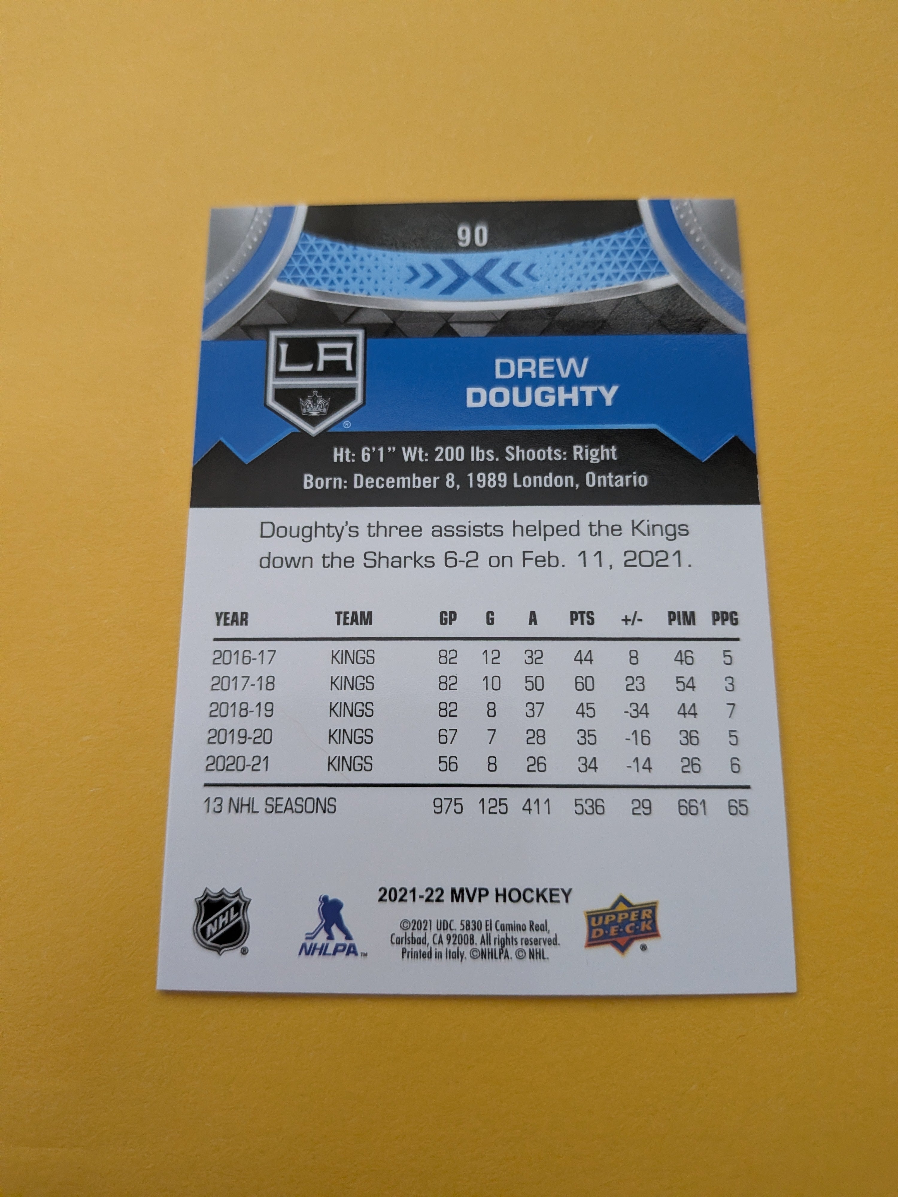 Drew Doughty 21-22 UD MVP Blue Factory Set Parallel Card