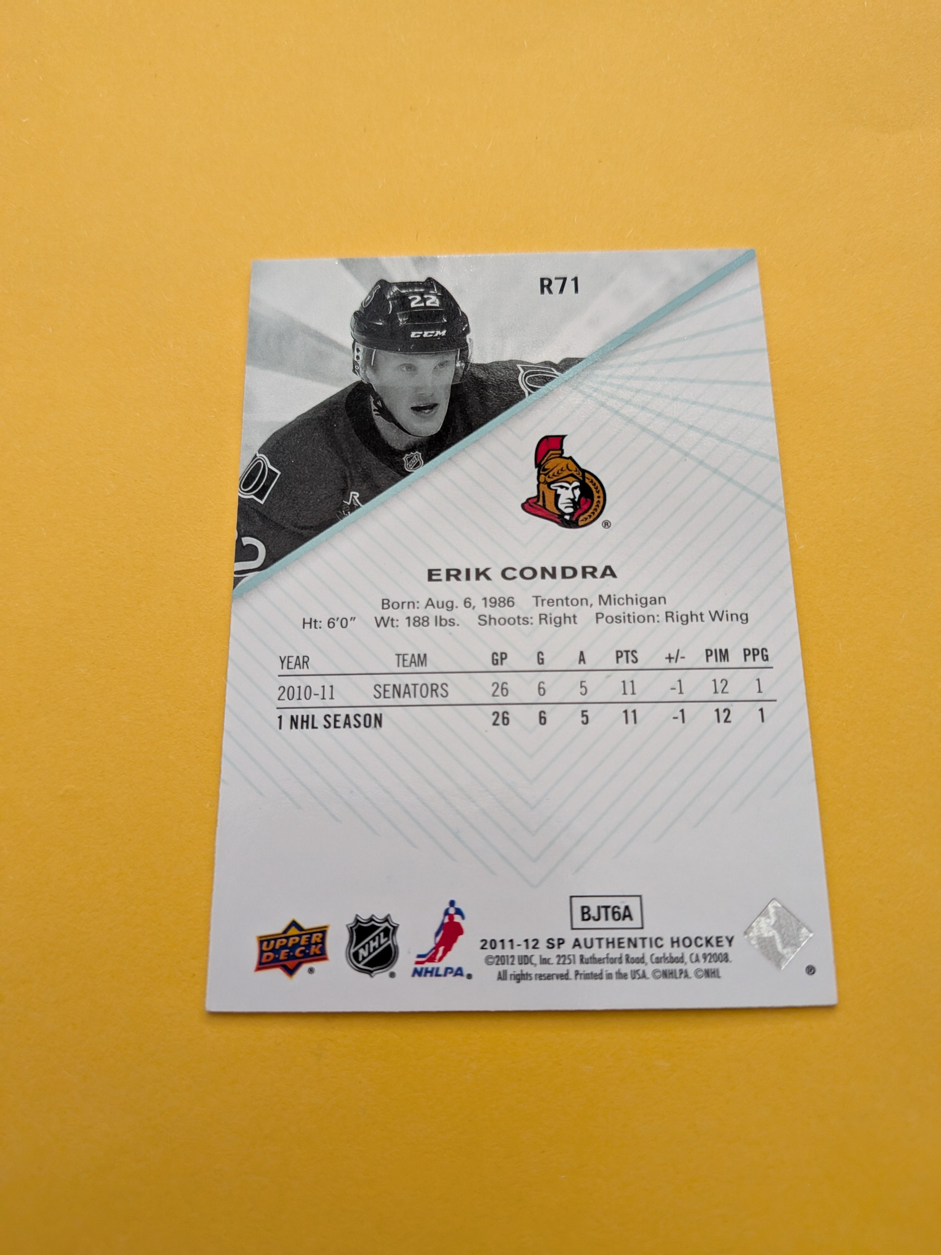 Erik Condra Signed Ottawa Senators Card D