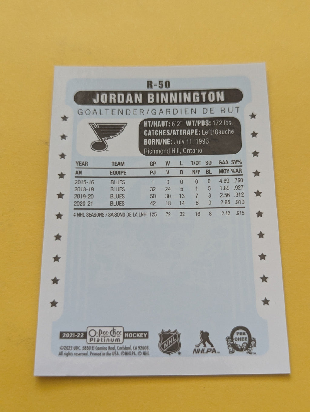 Jordan Binnington 21-22 OPC Platinum Retro Card