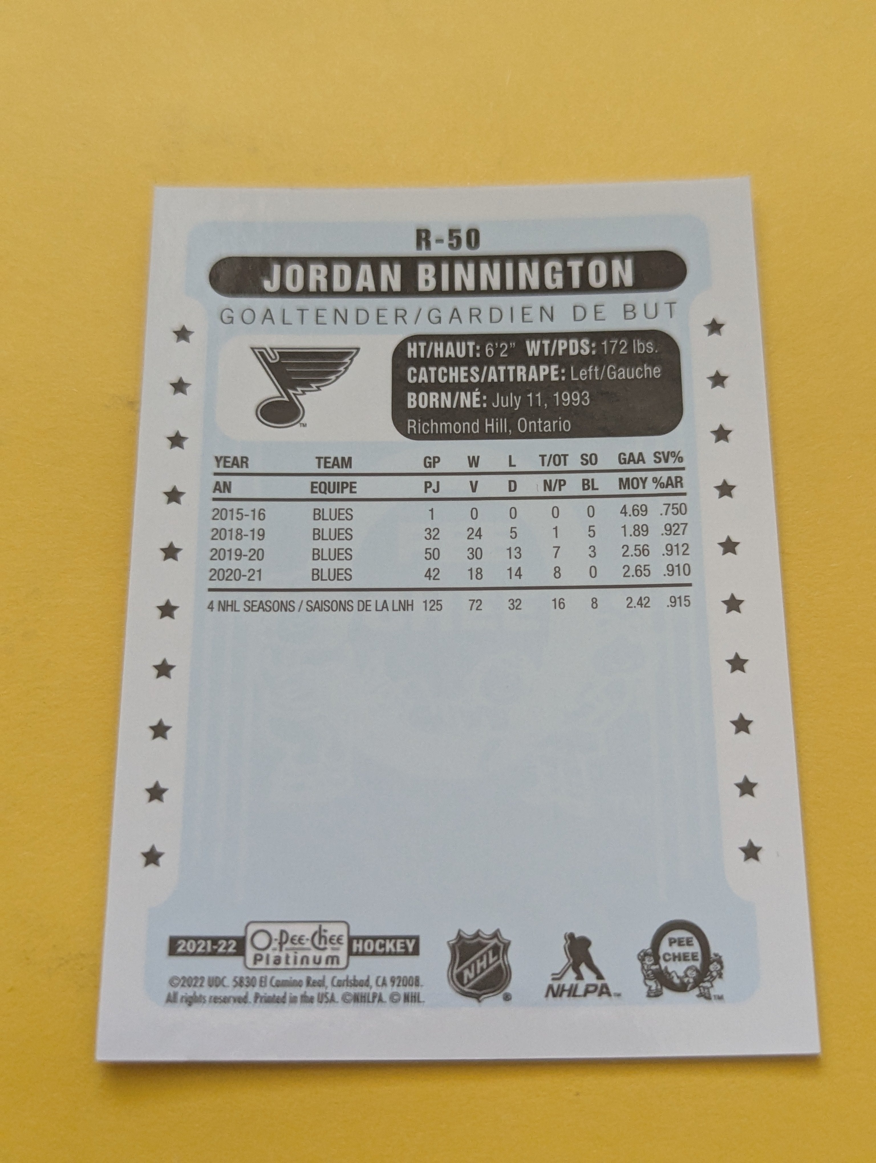 Jordan Binnington 21-22 OPC Platinum Retro Card