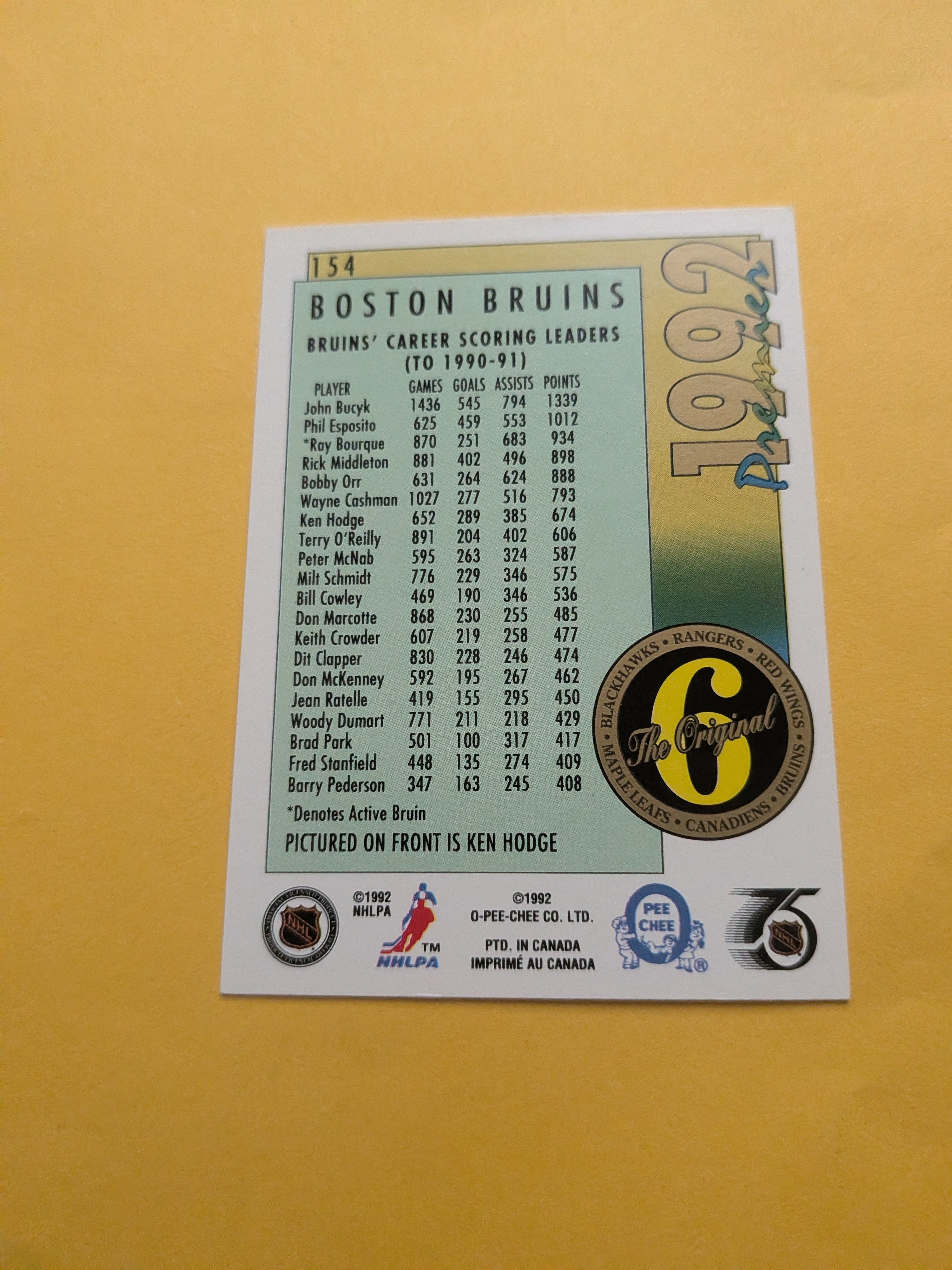 Ken Hodge Signed Boston Bruins Card A