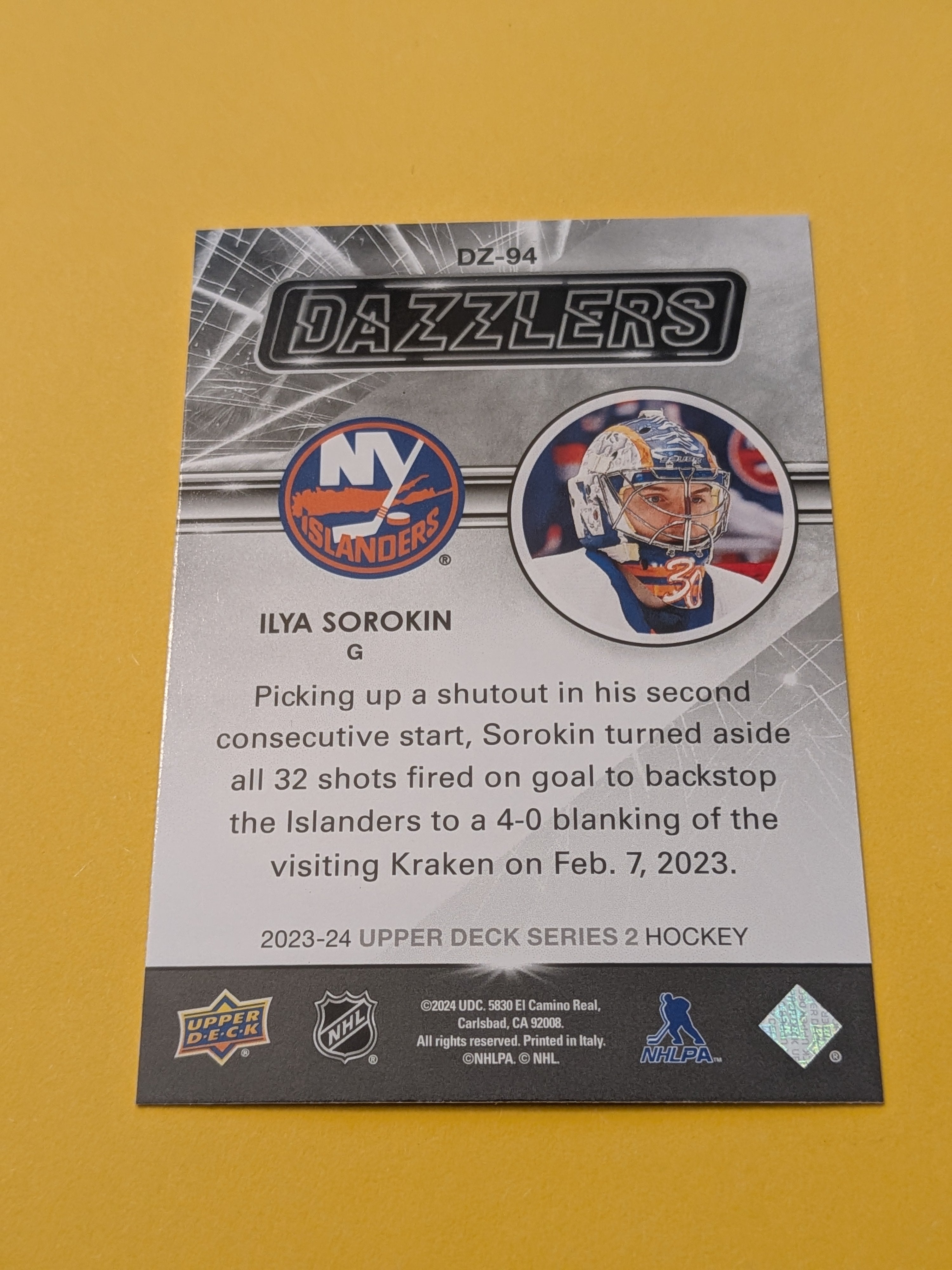 Ilya Sorokin 23-24 Upper Deck Dazzlers Blue Card