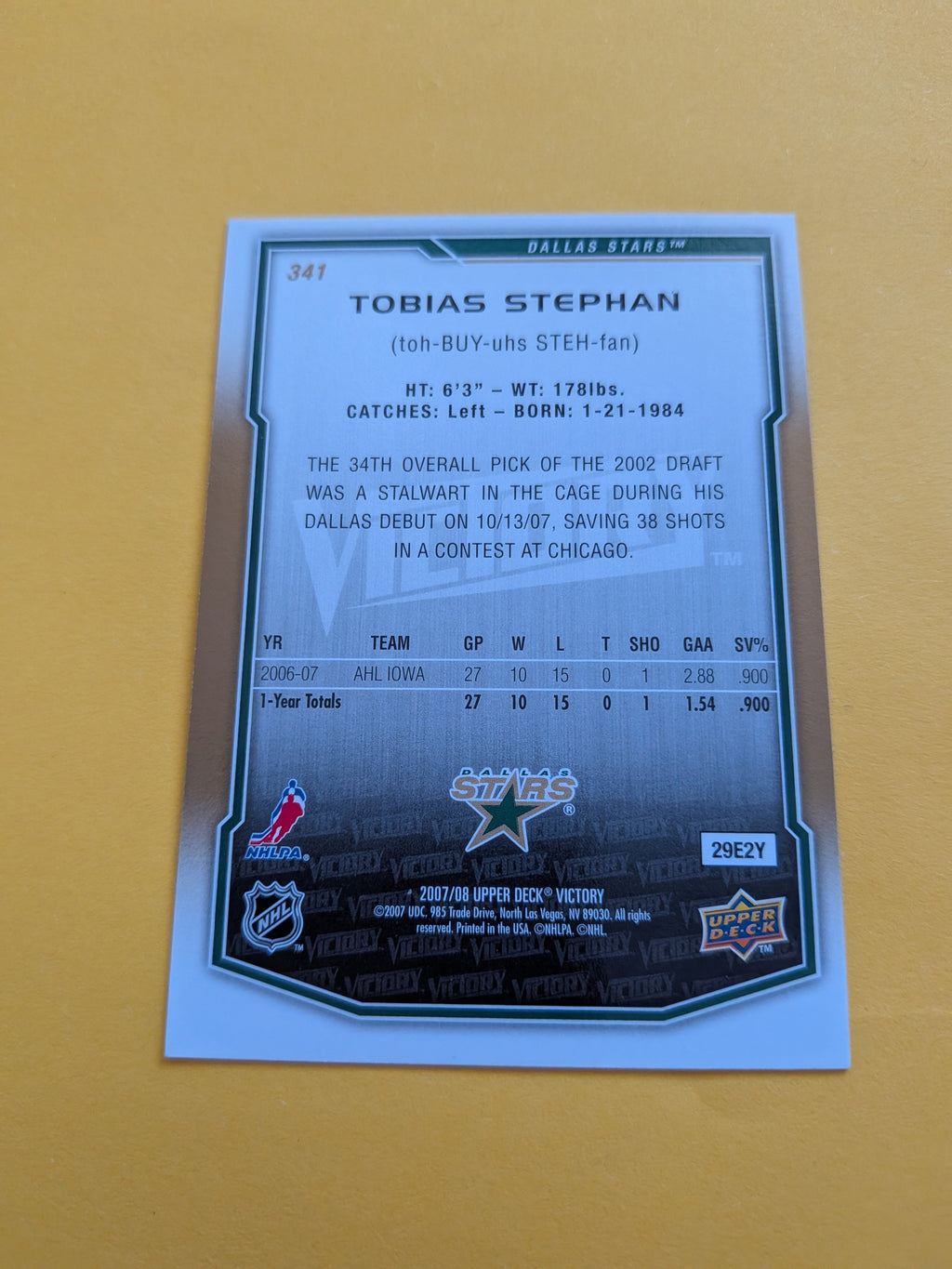 Tobias Stephan Signed Dallas Stars Rookie Card C