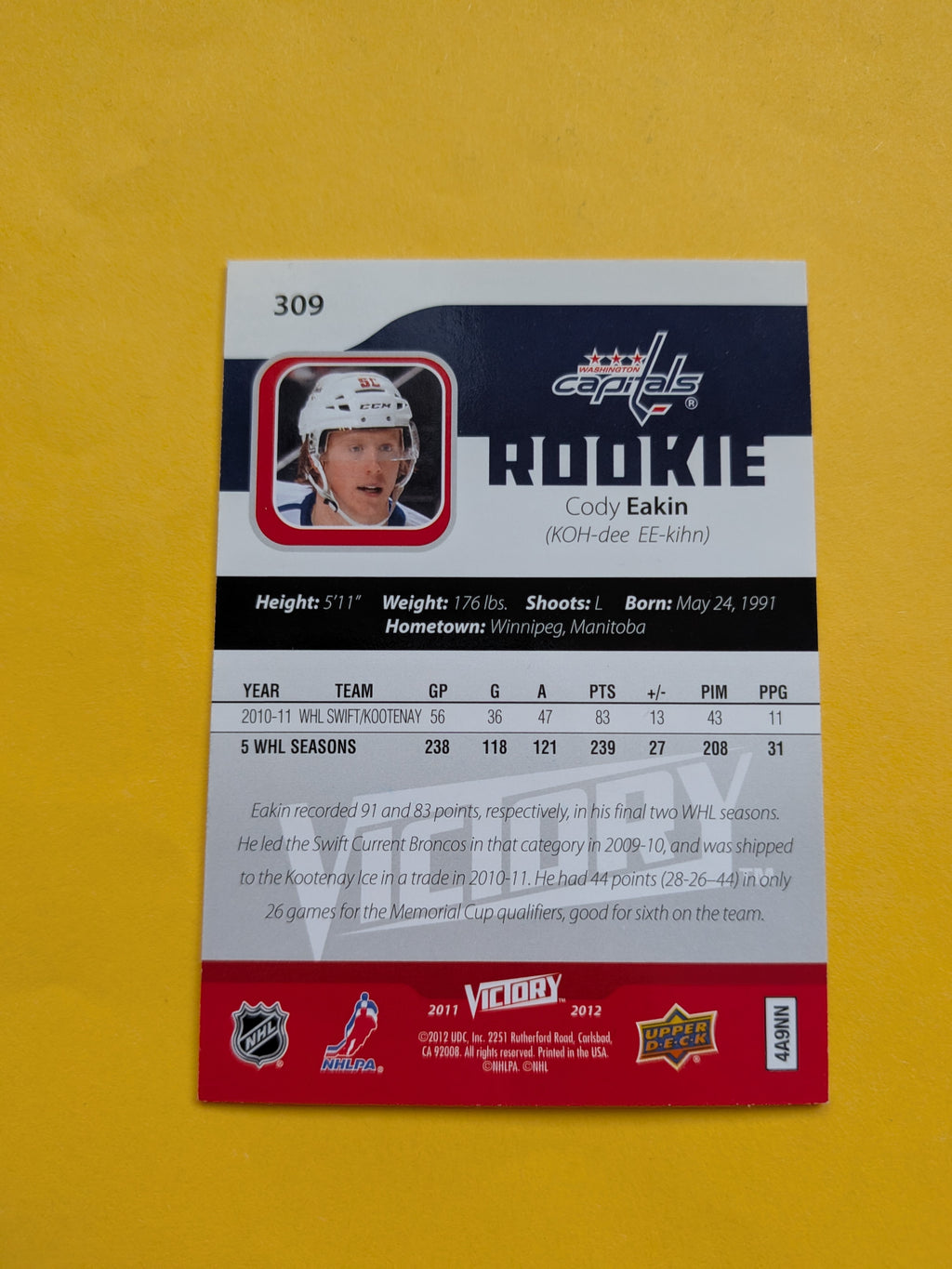 Cody Eakin Signed Washington Capitals Rookie Card C