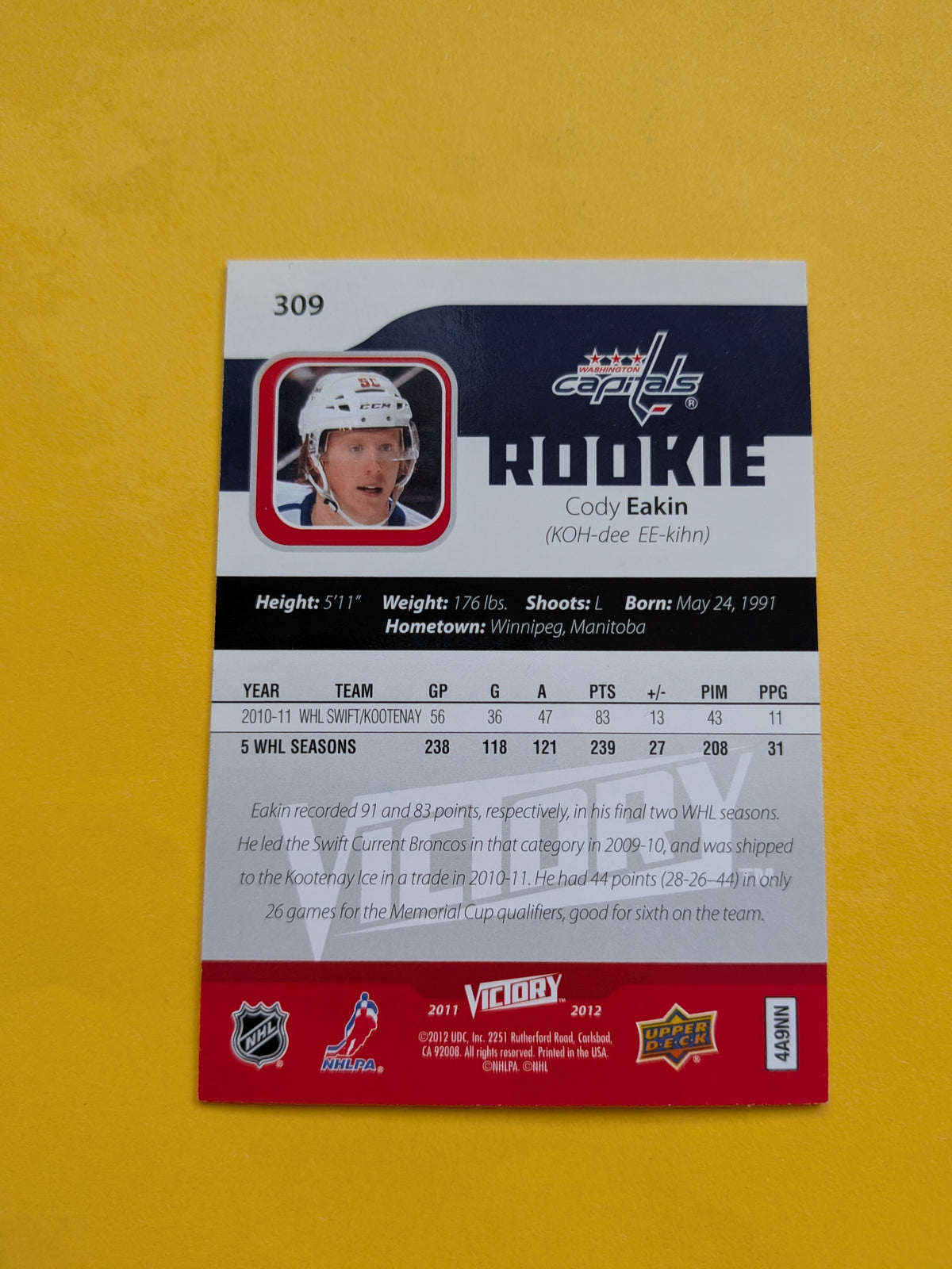 Cody Eakin Signed Washington Capitals Rookie Card C