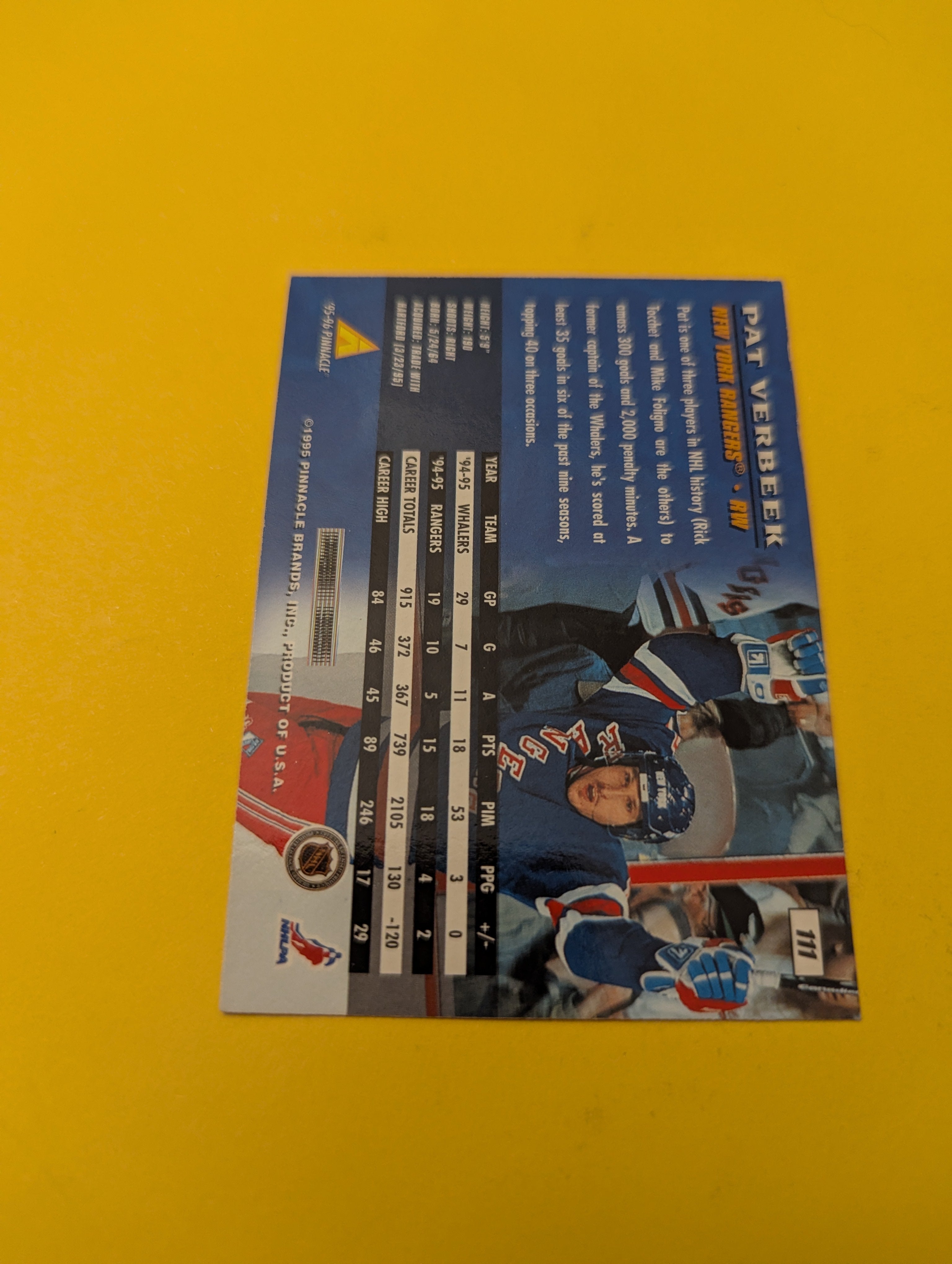 Pat Verbeek Signed New York Rangers Card