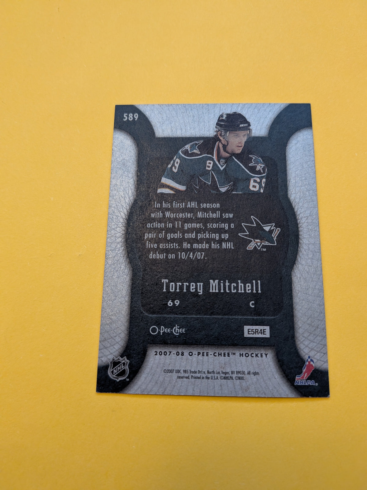 Torrey Mitchell Signed San Jose Sharks Rookie Card A