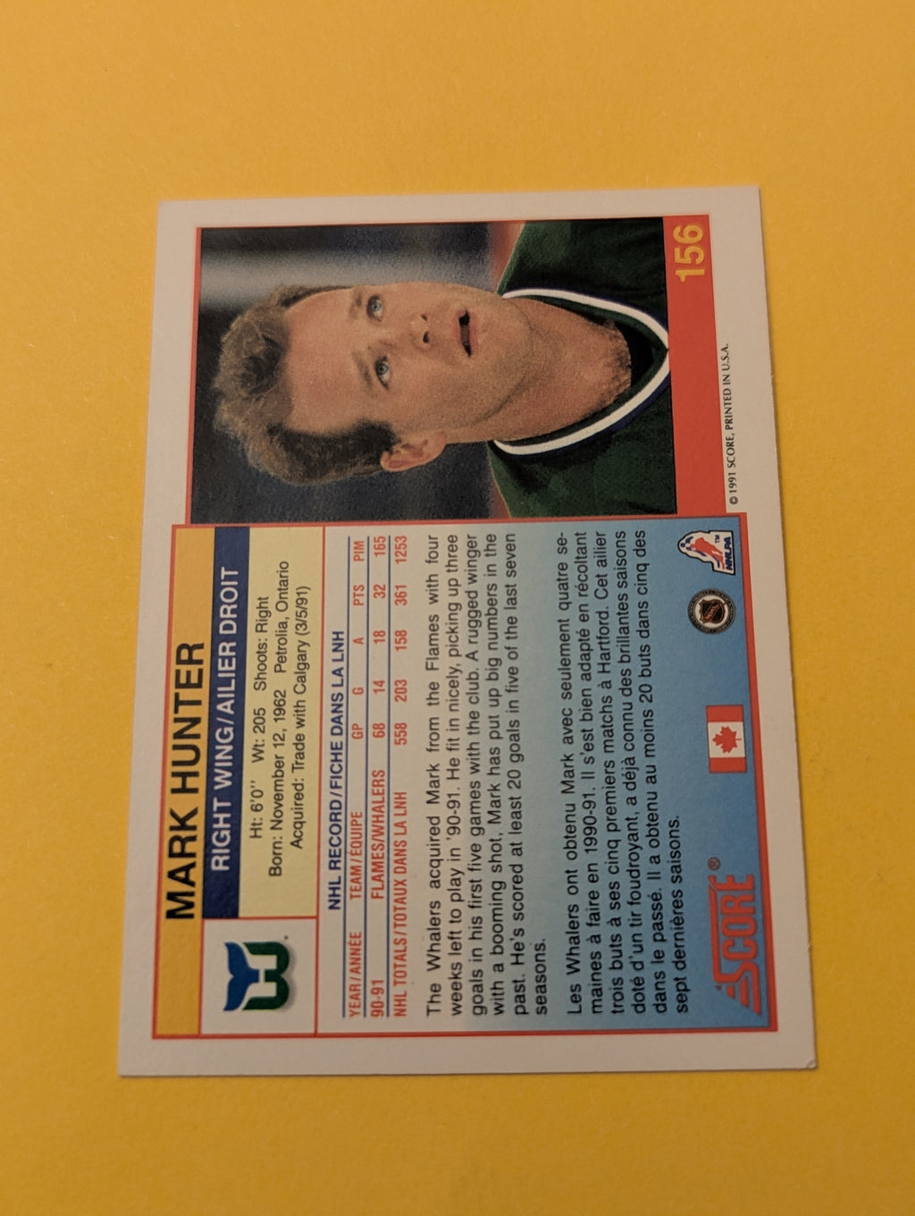 Mark Hunter Signed Hartford Whalers Card