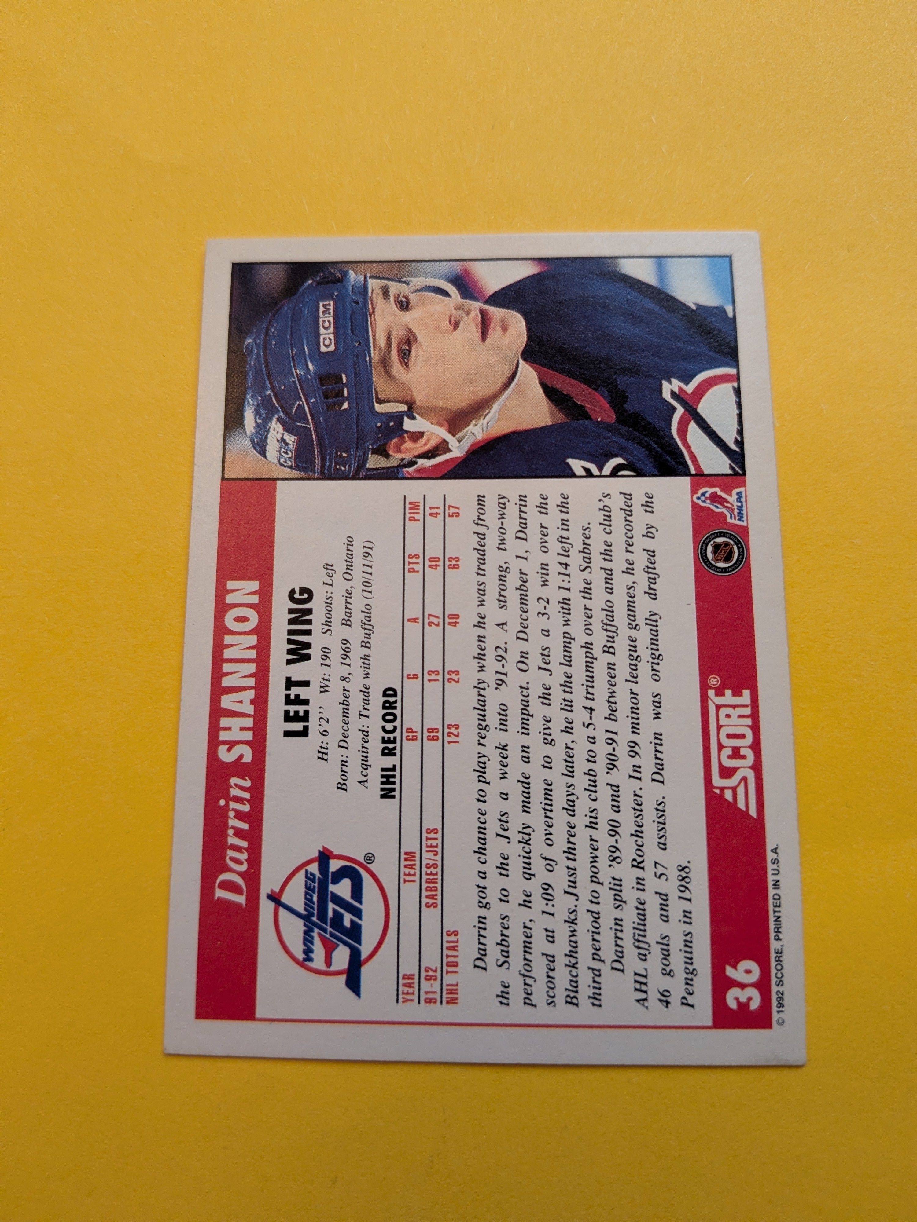 Darrin Shannon Signed Winnipeg Jets Card E