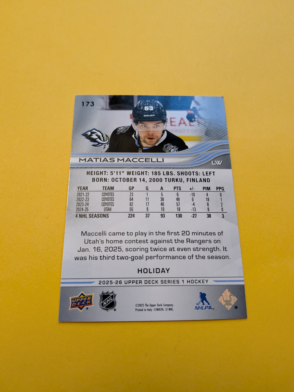 Matias Maccelli 25-26 Upper Deck Green Holiday Card