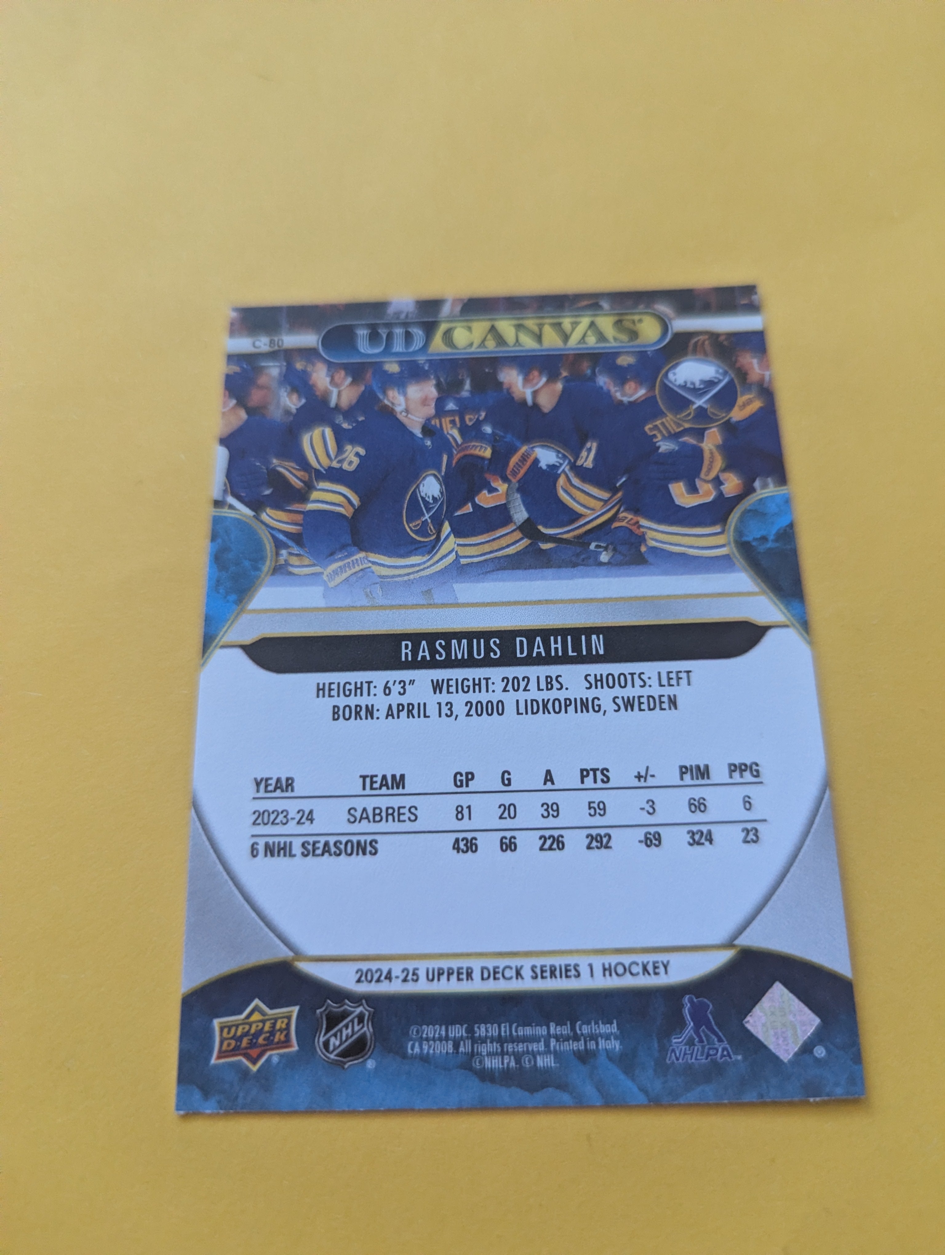 Rasmus Dahlin 24-25 Upper Deck UD Canvas Card