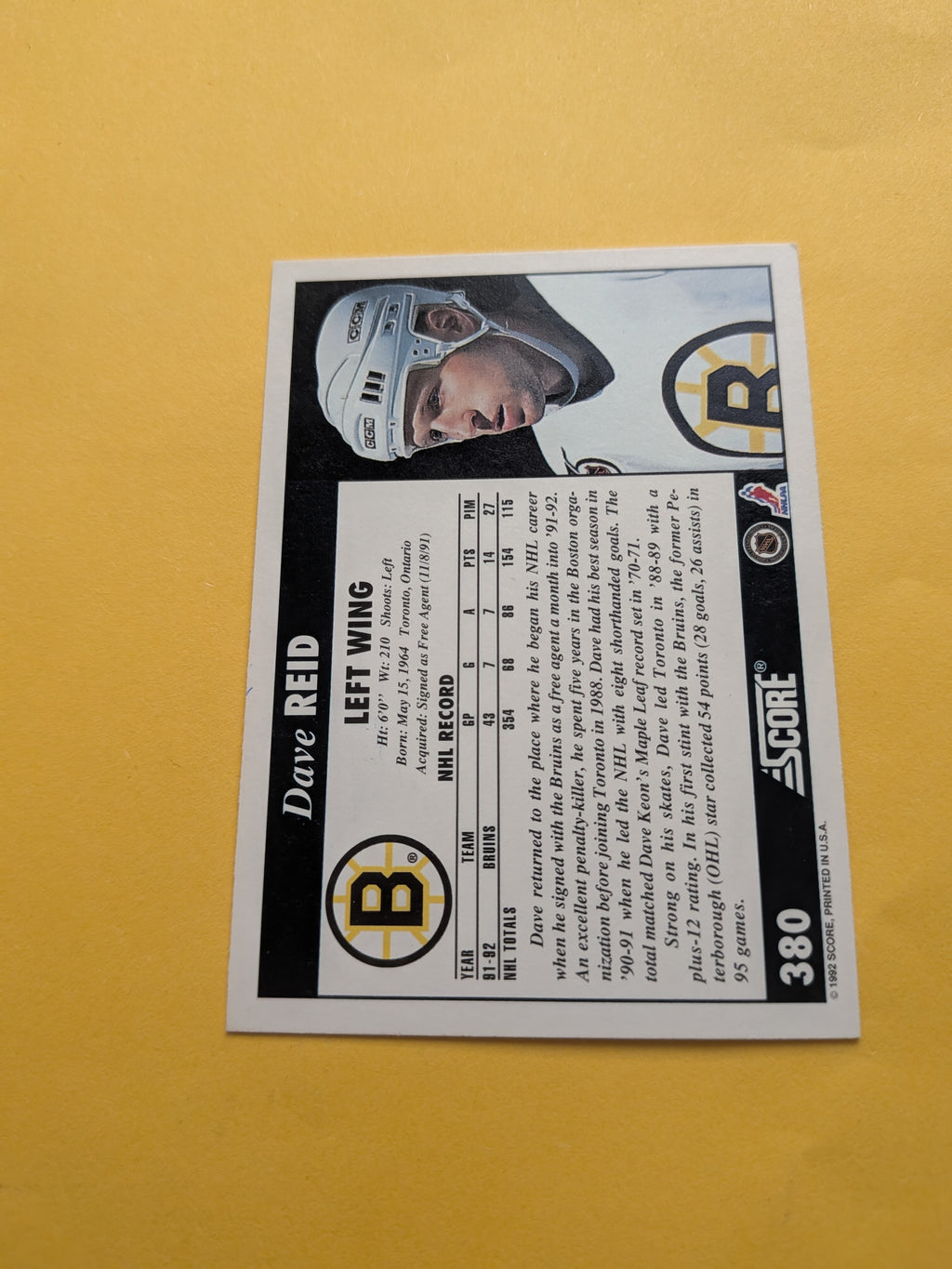 Dave Reid Signed Boston Bruins Card A