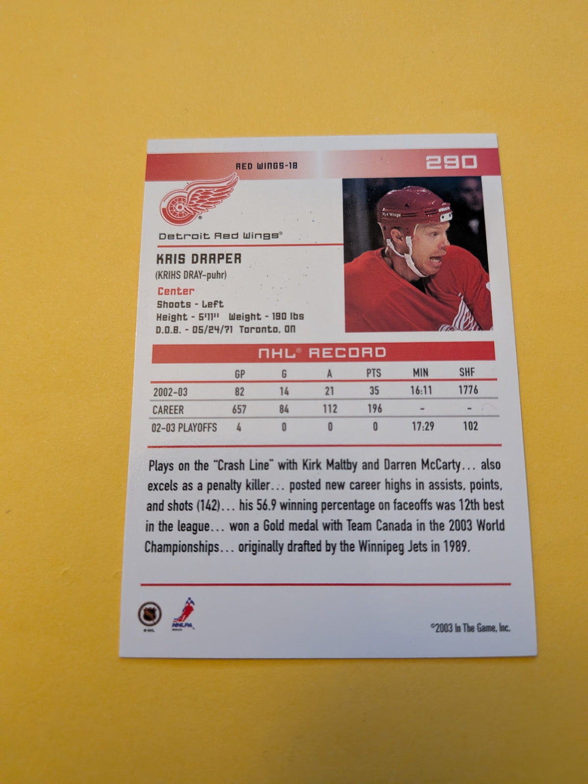 Kris Draper Signed Detroit Red Wings Card A