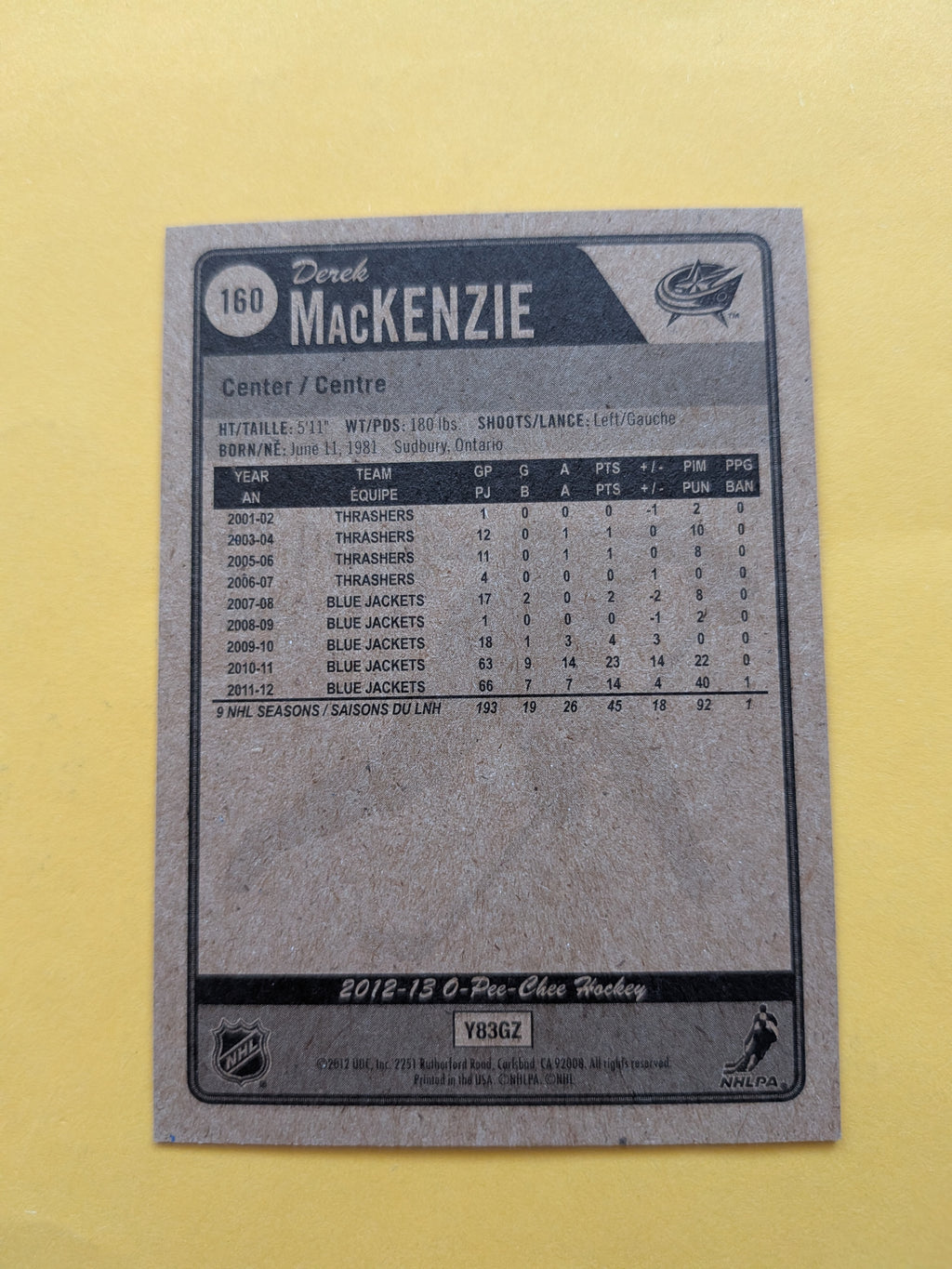 Derek Mackenzie Signed Columbus Blue Jackets Card A