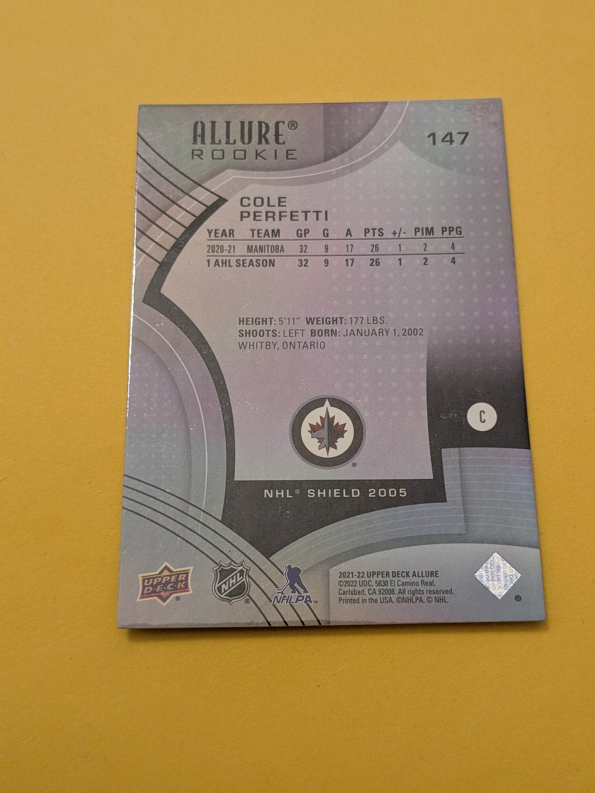 Cole Perfetti 21-22 Allure Rookie NHL Shield 2005 Card