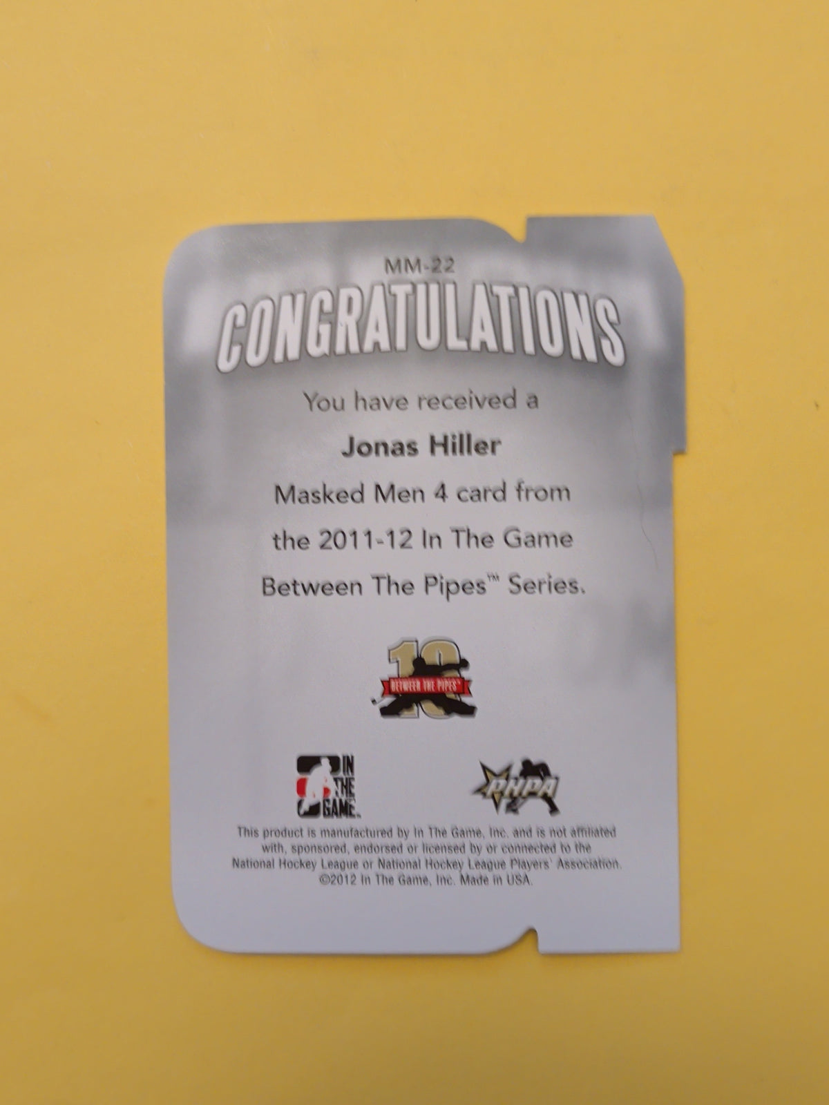 Jonas Hiller 11-12 ITG Between The Pipes Masked Men Card