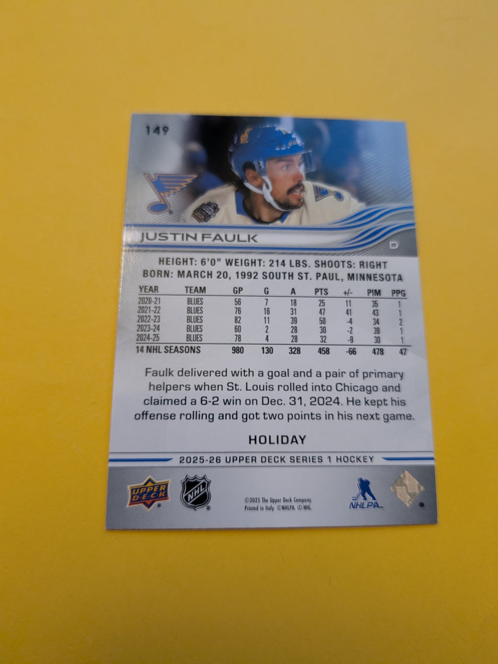 Justin Faulk 25-26 Upper Deck Green Holiday Card