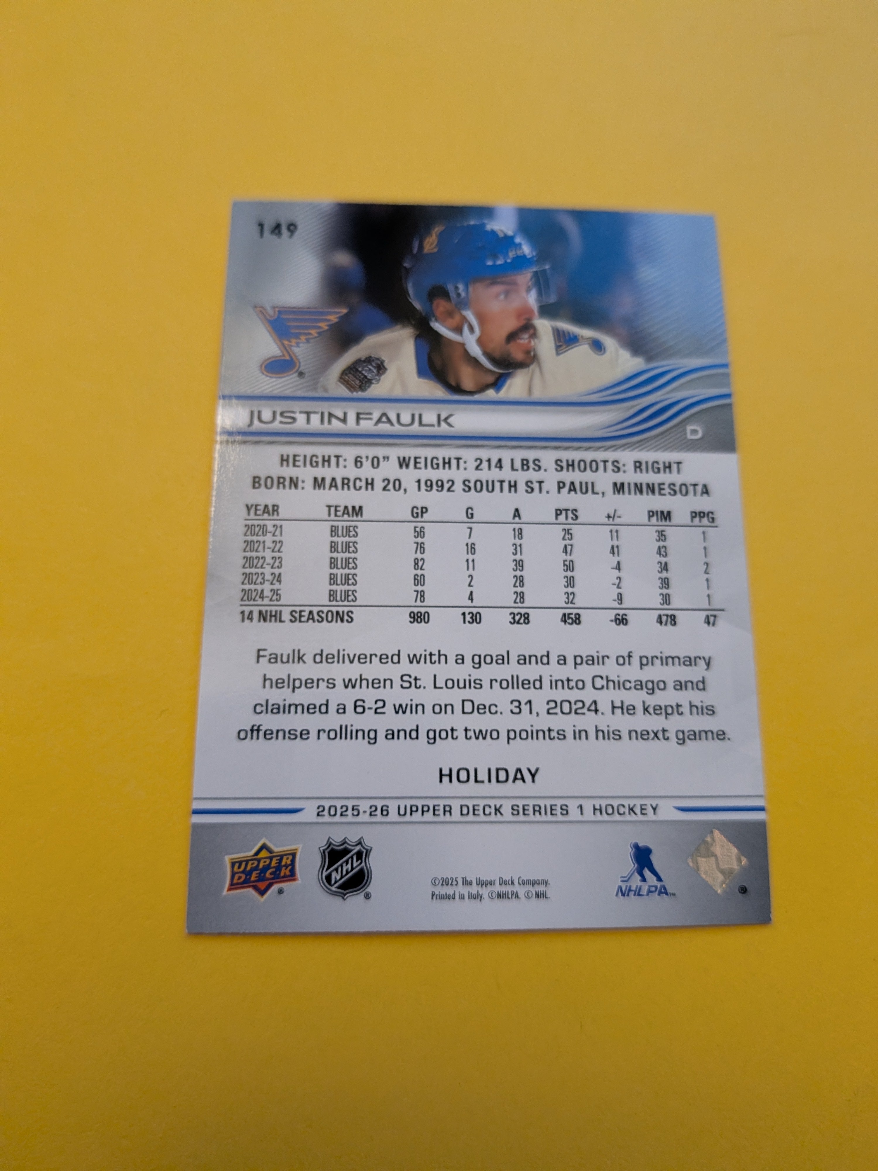 Justin Faulk 25-26 Upper Deck Green Holiday Card
