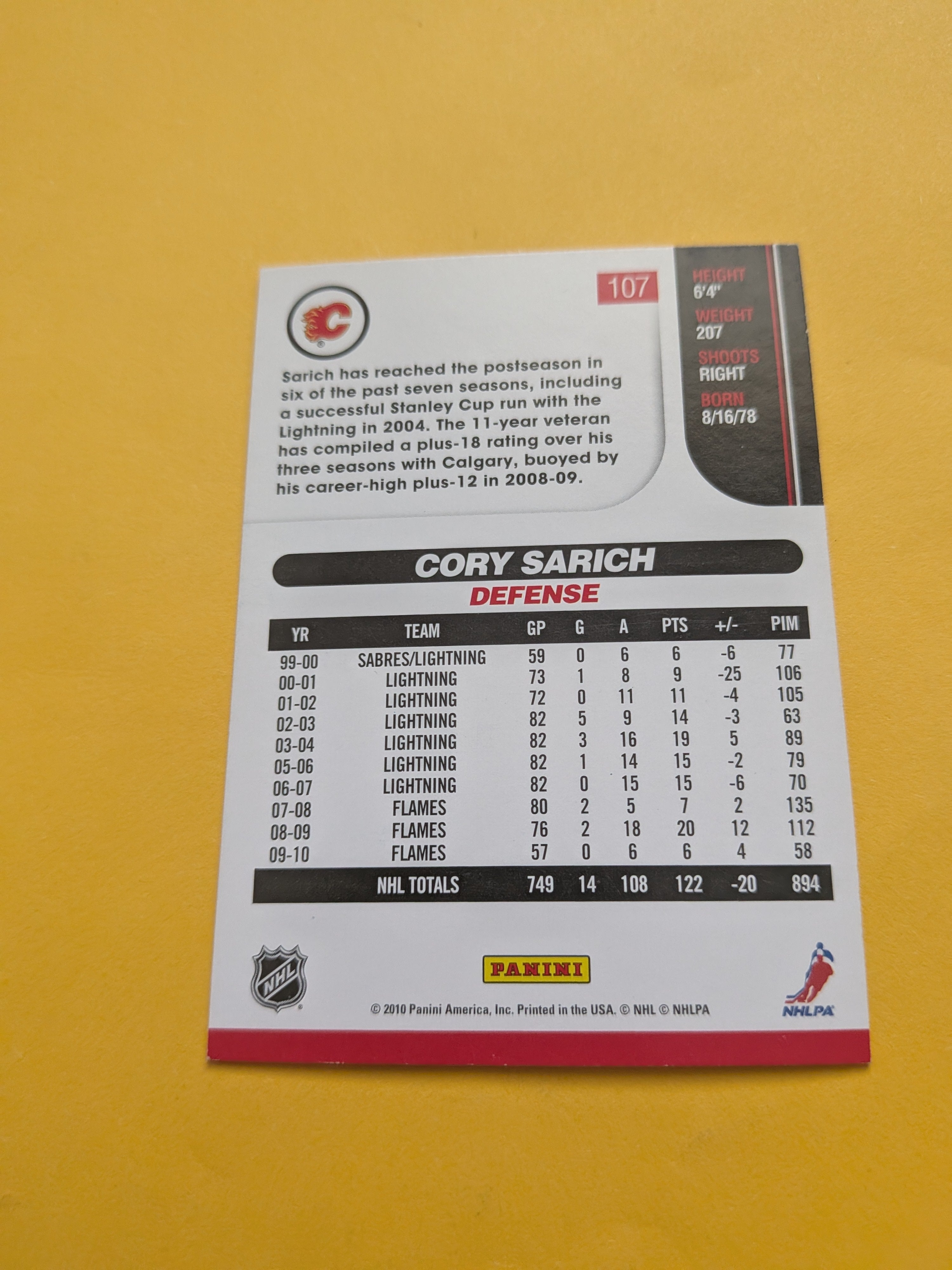 Cory Sarich Signed Calgary Flames Card B