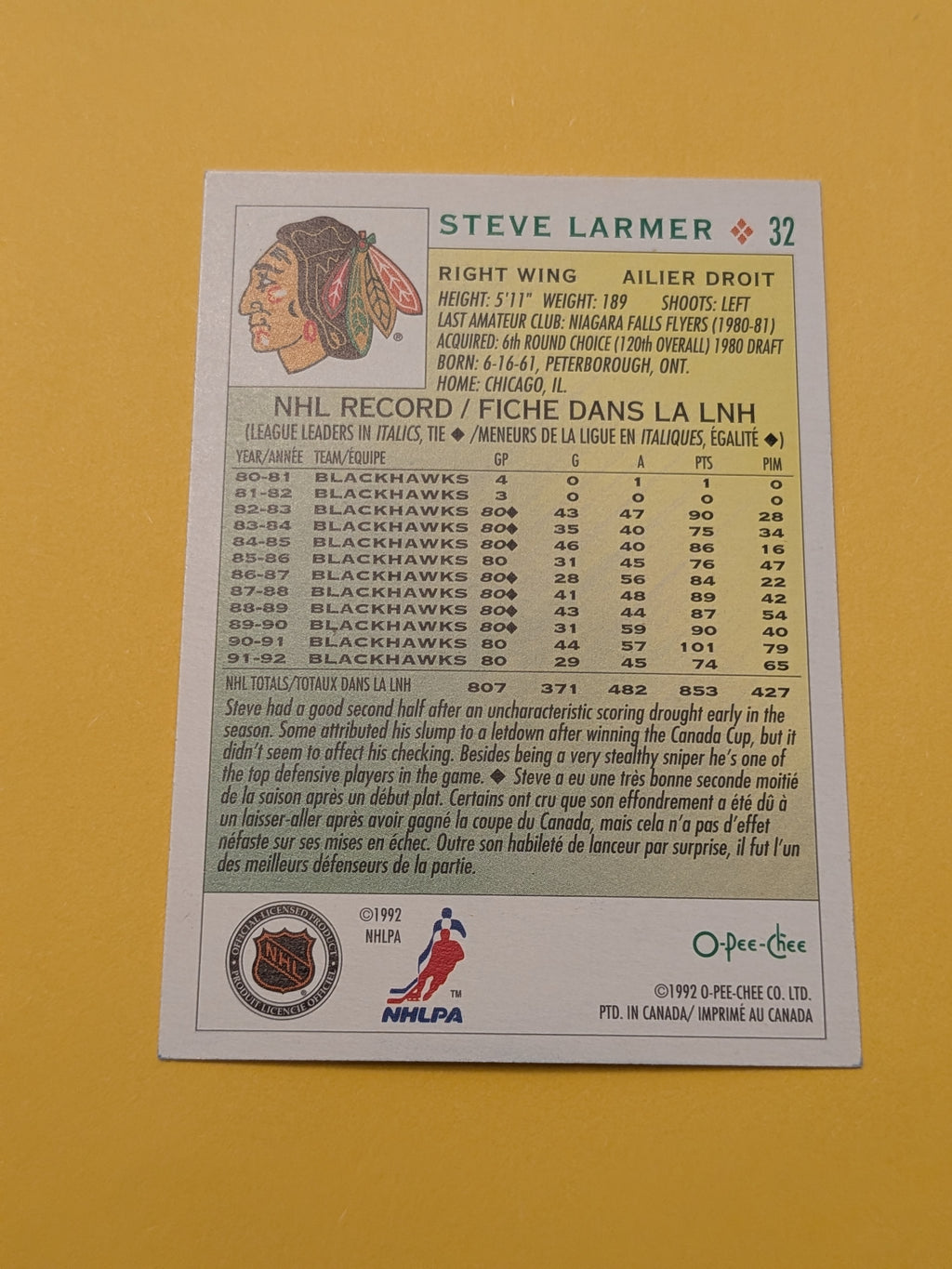 Steve Larmer Signed Chicago Blackhawks Card L
