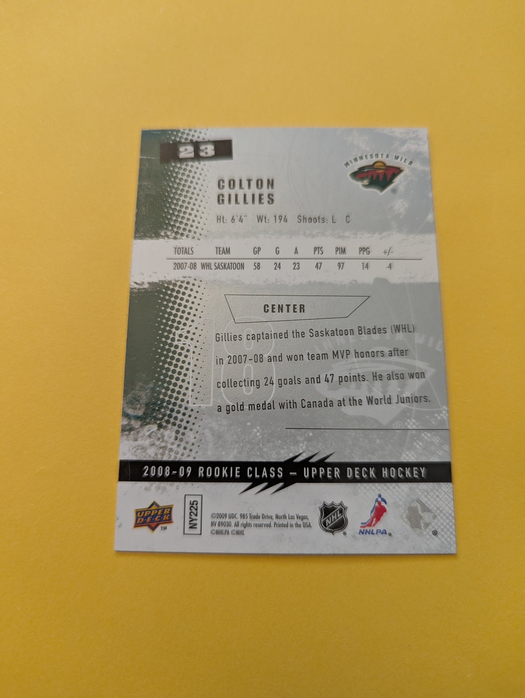 Colton Gillies Signed Minnesota Wild Rookie Card