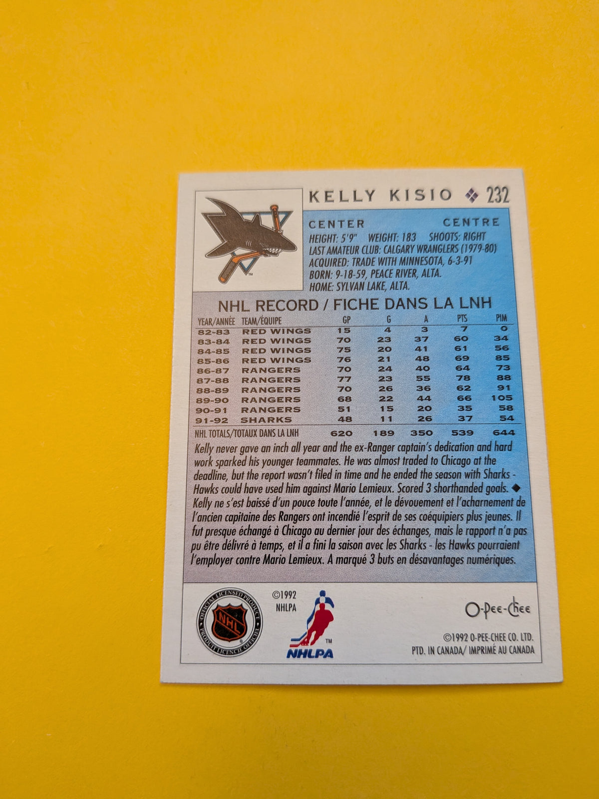 Kelly Kisio Signed San Jose Sharks Card E
